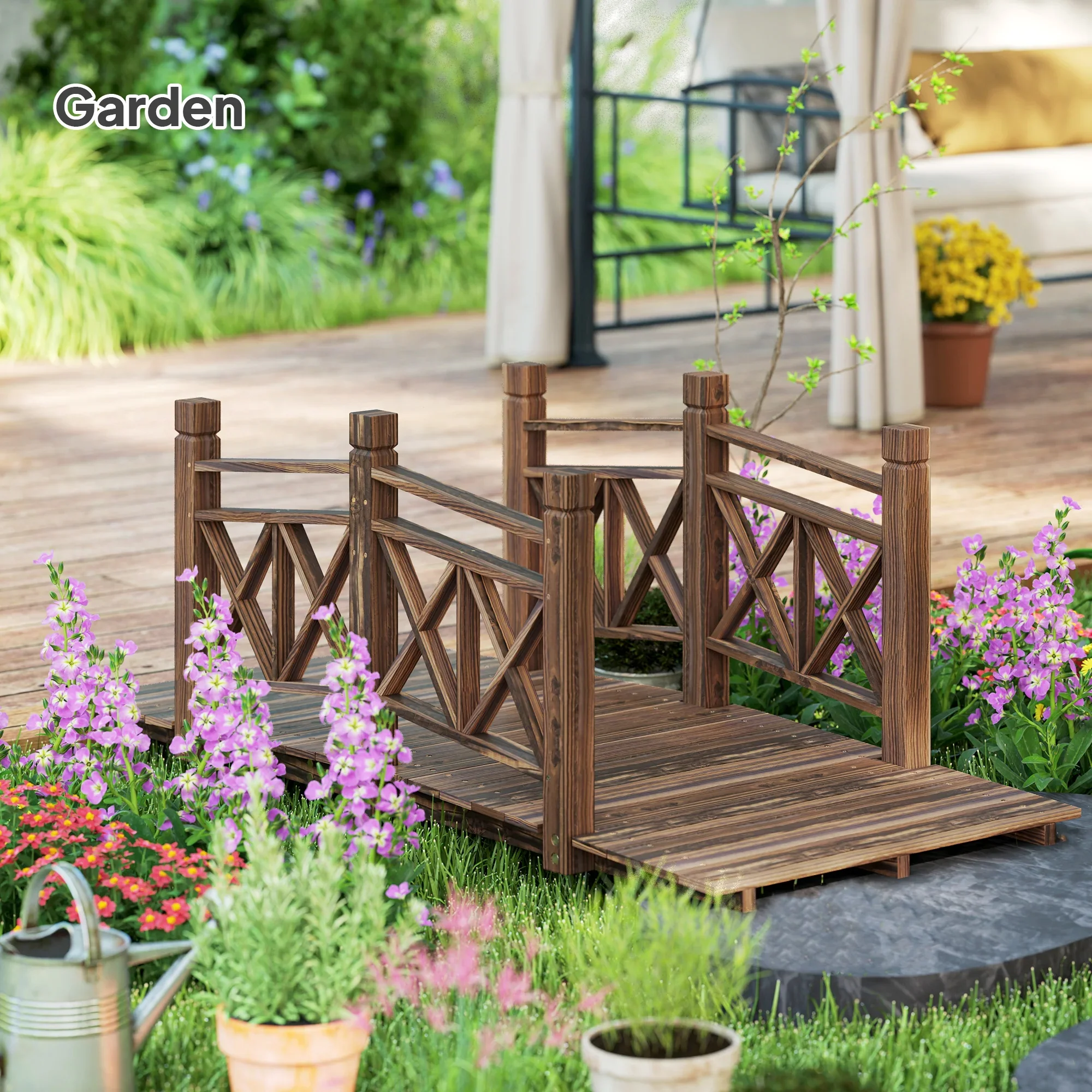 QISHENSHUI 5 ft. Sturdy Natural Wood Garden Bridge �C Premium Timber Construction with Solid Safety Handrails for Backyard Paths, Small Ponds & Garden Water Features, Carbonized