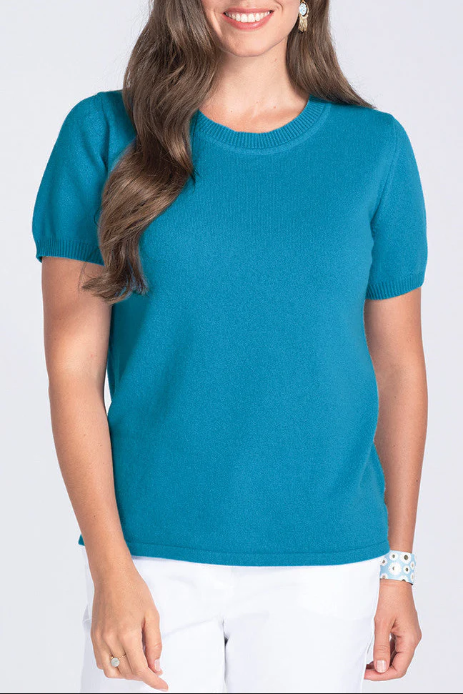 Pull femme manches courtes en cachemire, bleu
