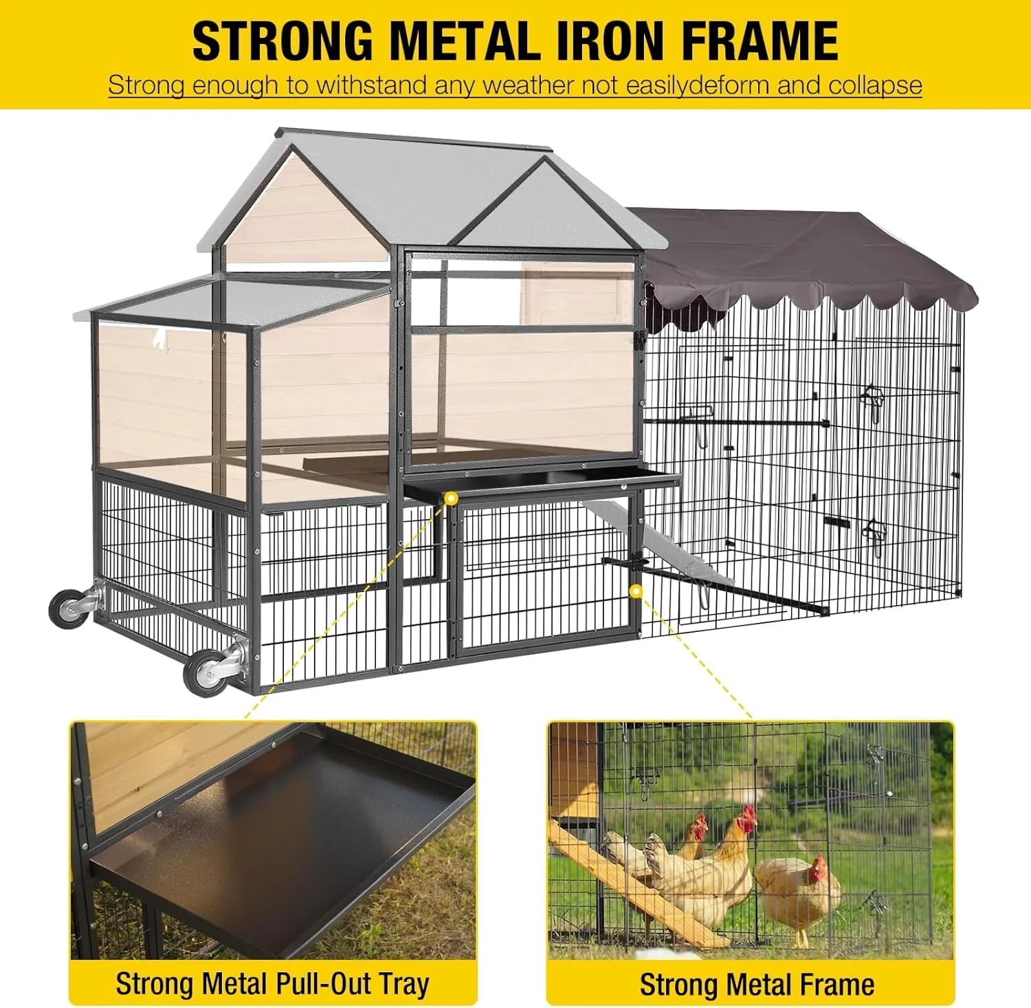 Mobile Chicken Coop 85" with Nesting Box Metal Run and Weather Proof Cover for 6-8 Outdoor Backyard Farm Rabbit Duck Poultry - Image 5