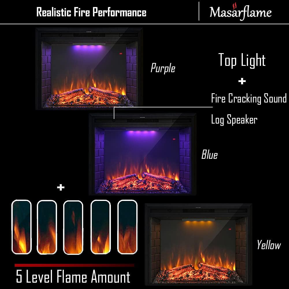 36'' Electric Fireplace Insert, Retro Recessed Fireplace Heater with Fire Cracking Sound, Remote Control & Timer, 750/1500W, Black