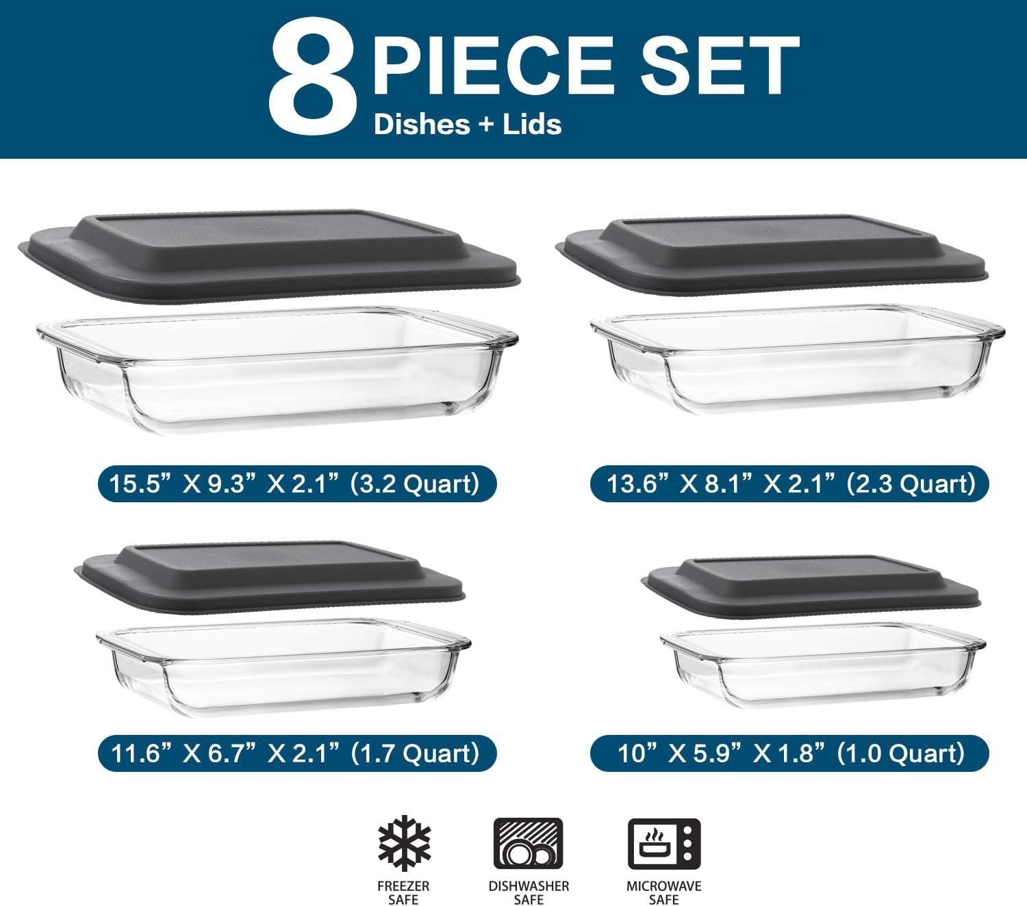 M MCIRCO 8 Piece Deep Glass Baking Dish with Lids, BPA free, Gray
