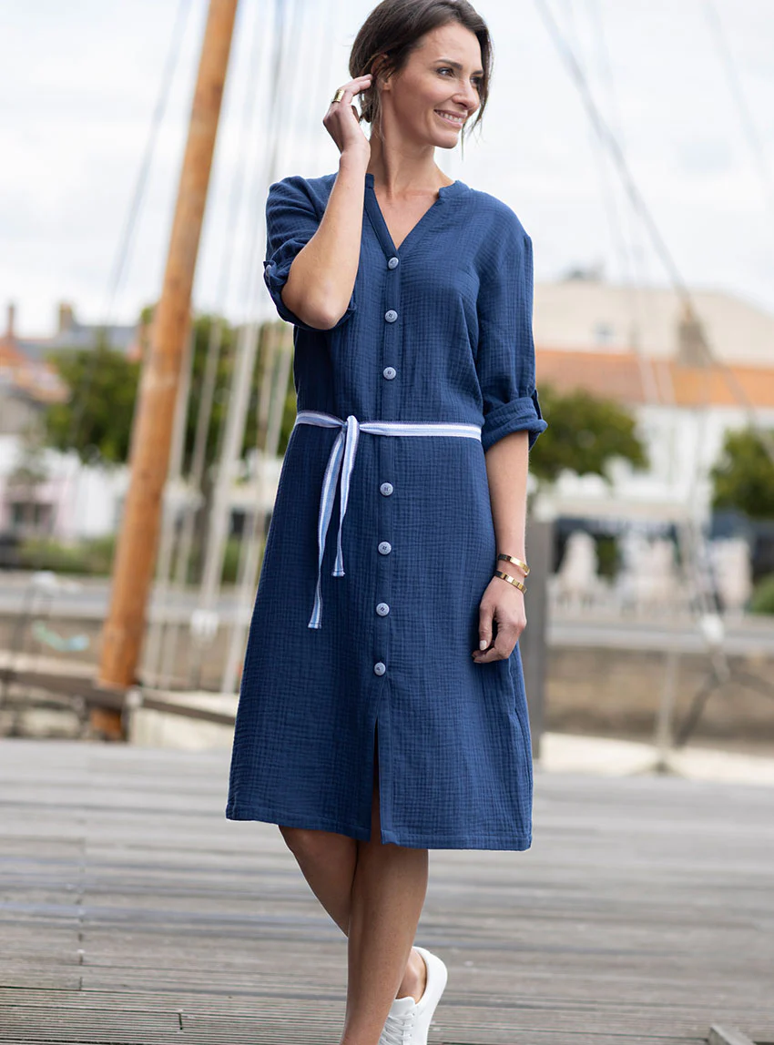 Robe femme en gaze de coton bleu indigo