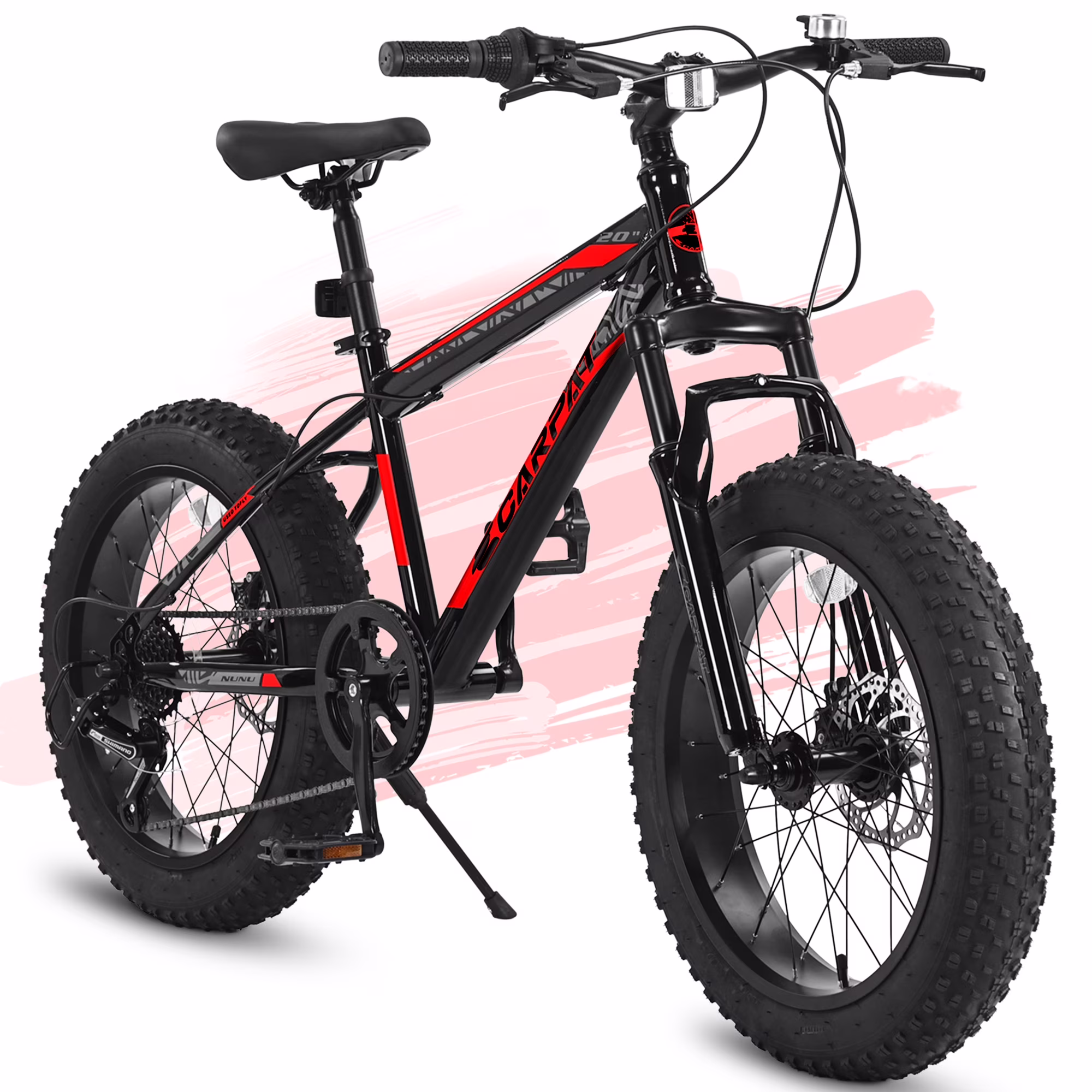 20 Inch Fat Tire Kids Mountain Bike 7 Speed Dual Disc Front Suspension Bicycle for Boys Girls.(BLACK-RED)