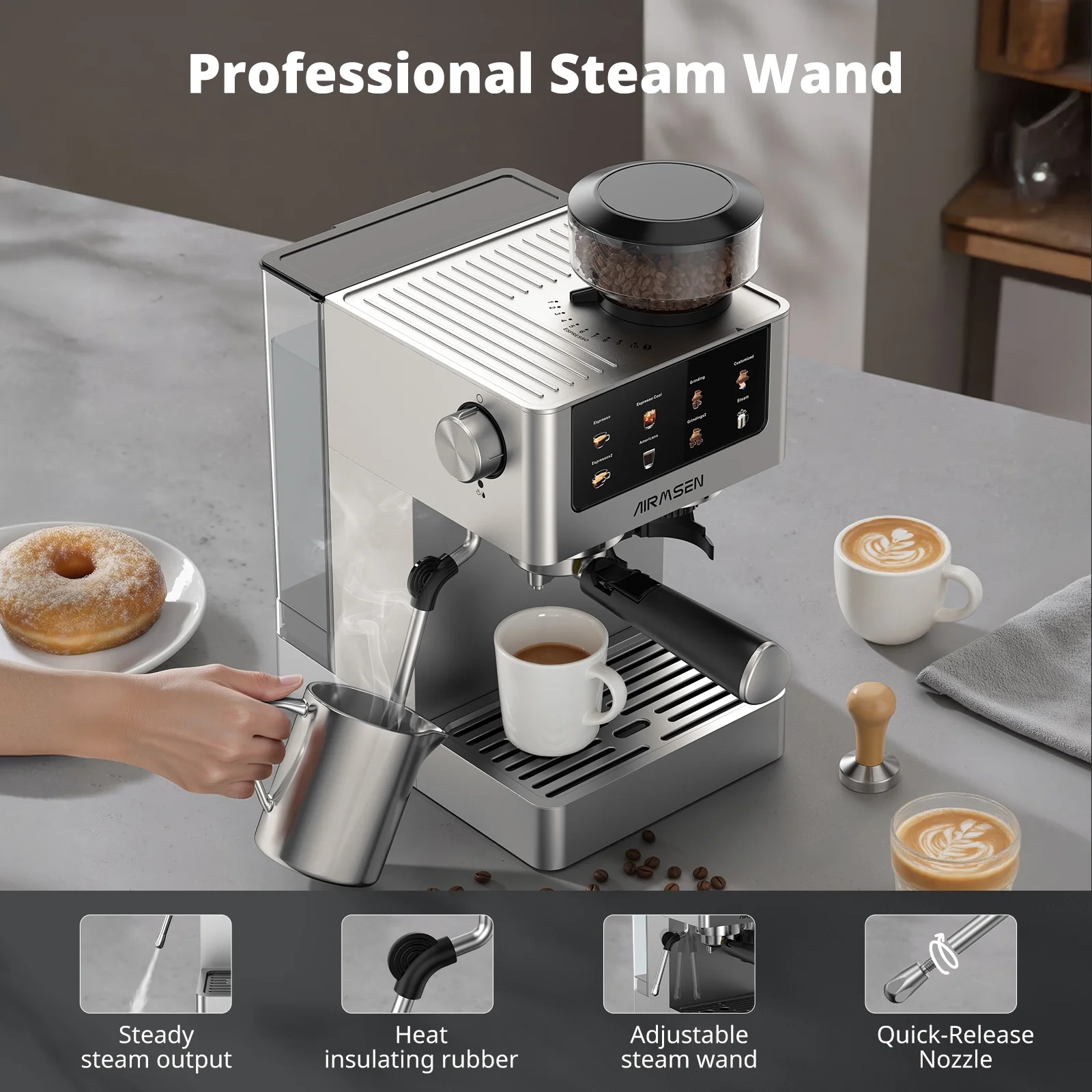 Espresso Machine with Grinder, Espresso Coffee Machine with Customized Grind Amount Coffee Volume, Cold Brew Coffee Maker for Cappuccino Latte Americano, Brushed Stainless Steel - Image 8