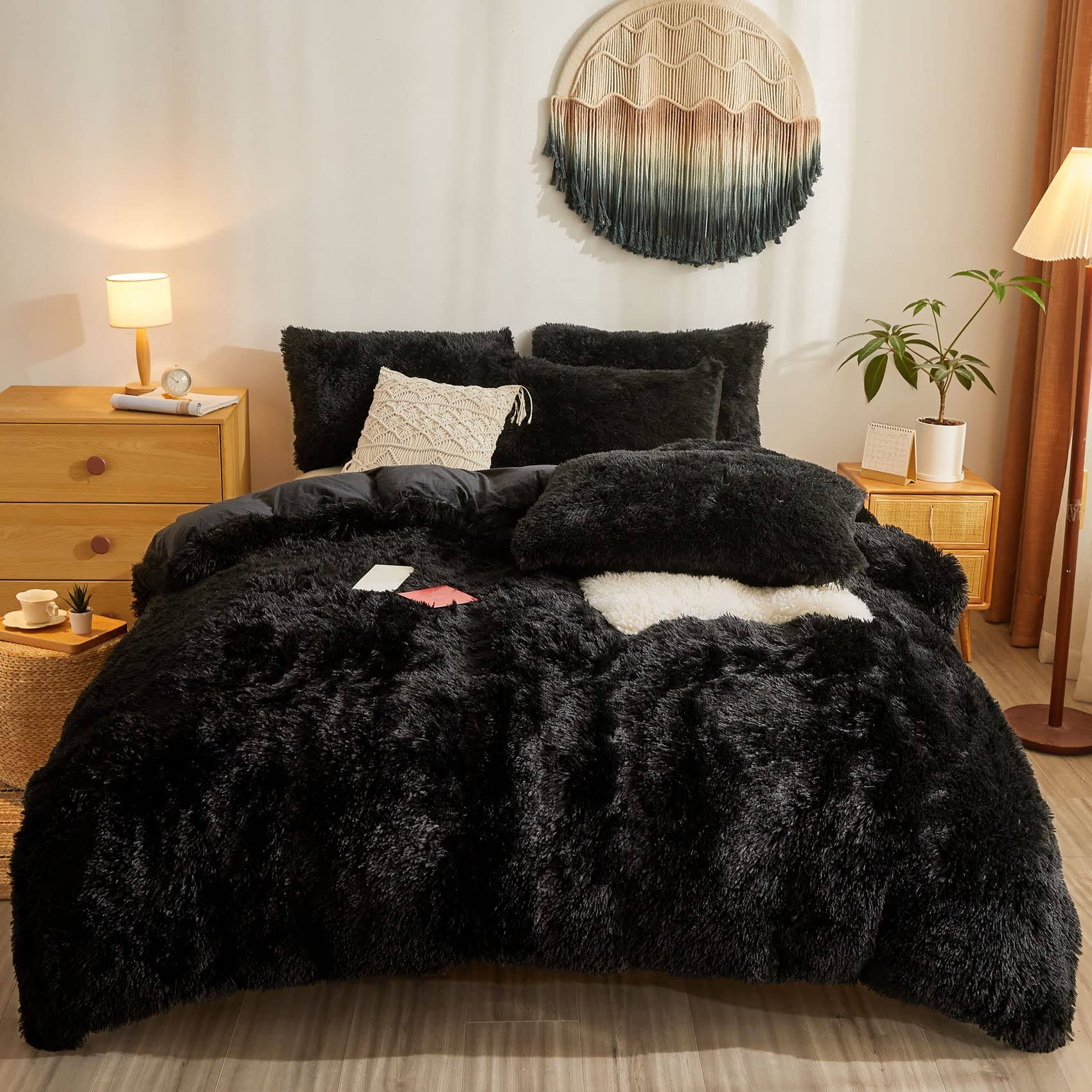 Besfunny Fluffy Black Shaggy Plush Comforter Cover Set,Ultra Soft Faux Fur Duvet Cover Bedding Sets Queen 3 Pieces with Pillow Cases, Black Bed Set