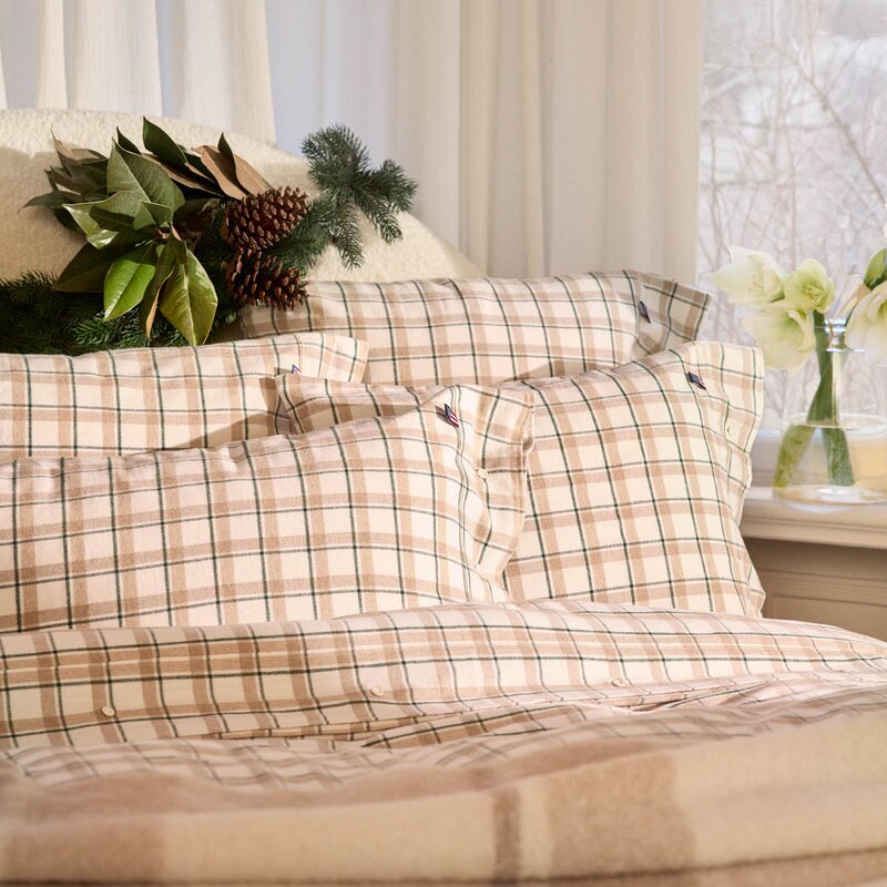 Sengesett flanell 140x200 cm rutete grønn/beige/hvit