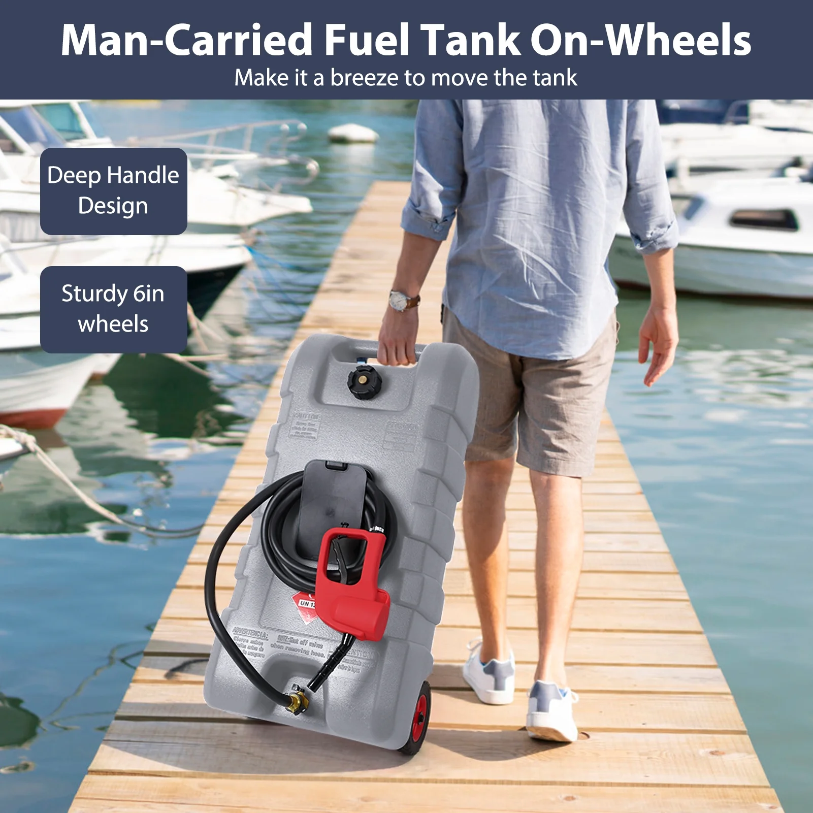15 Gallon Fuel Caddy, Portable Gas Fuel Tank Container with LE Fluid Transfer Siphon Pump and 10ft. Delivery Hose, Diesel Storage Can On-Wheels for Cars, Lawn Mowers, ATVs, Boats, Gray(Gray) - Image 7
