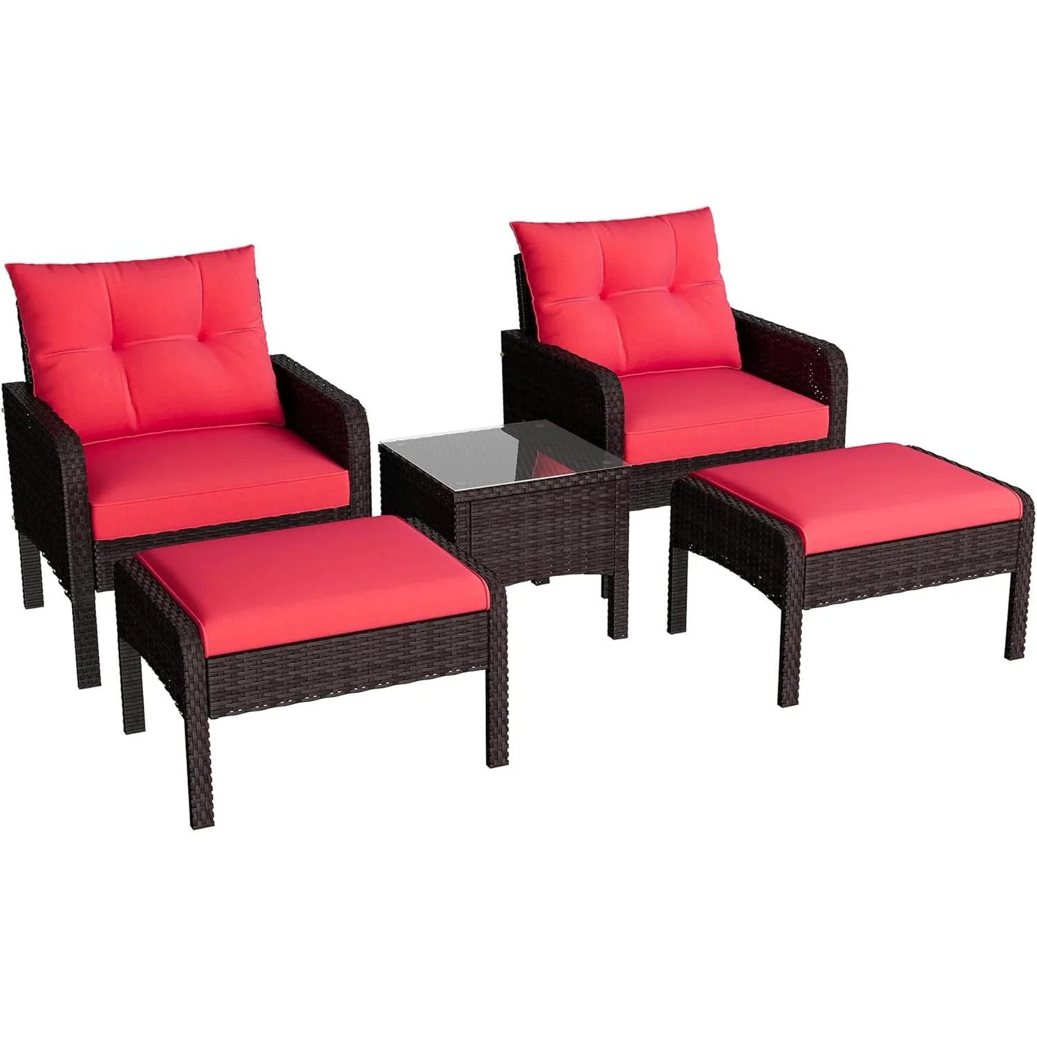 AECOJOY Outdoor 5 Pieces Patio Furniture Set, PE Rattan Wicker Chairs with Ottoman and Table, Brown/Red