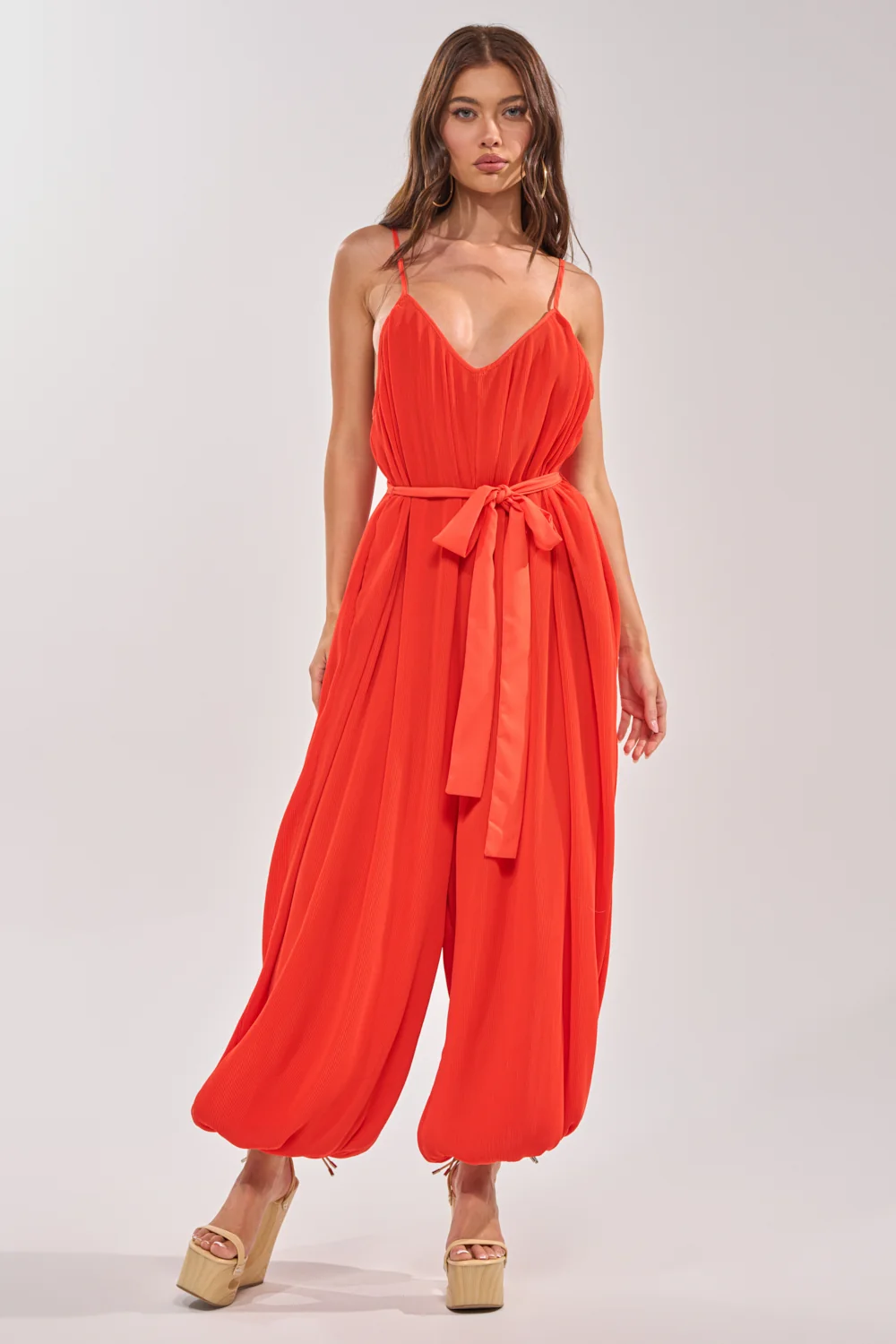 VACATIONING PLEATED JUMPSUIT IN ORANGE - Akira Store