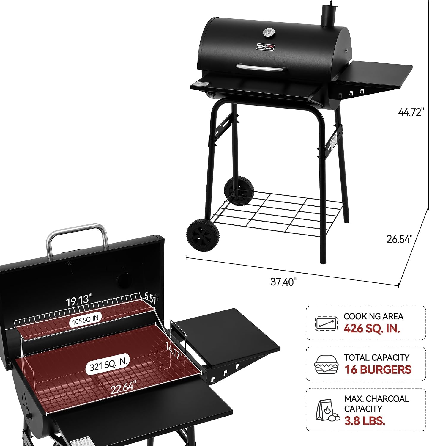 Royal Gourmet CC1624 Barrel Charcoal Grill with Side and Front Shelves