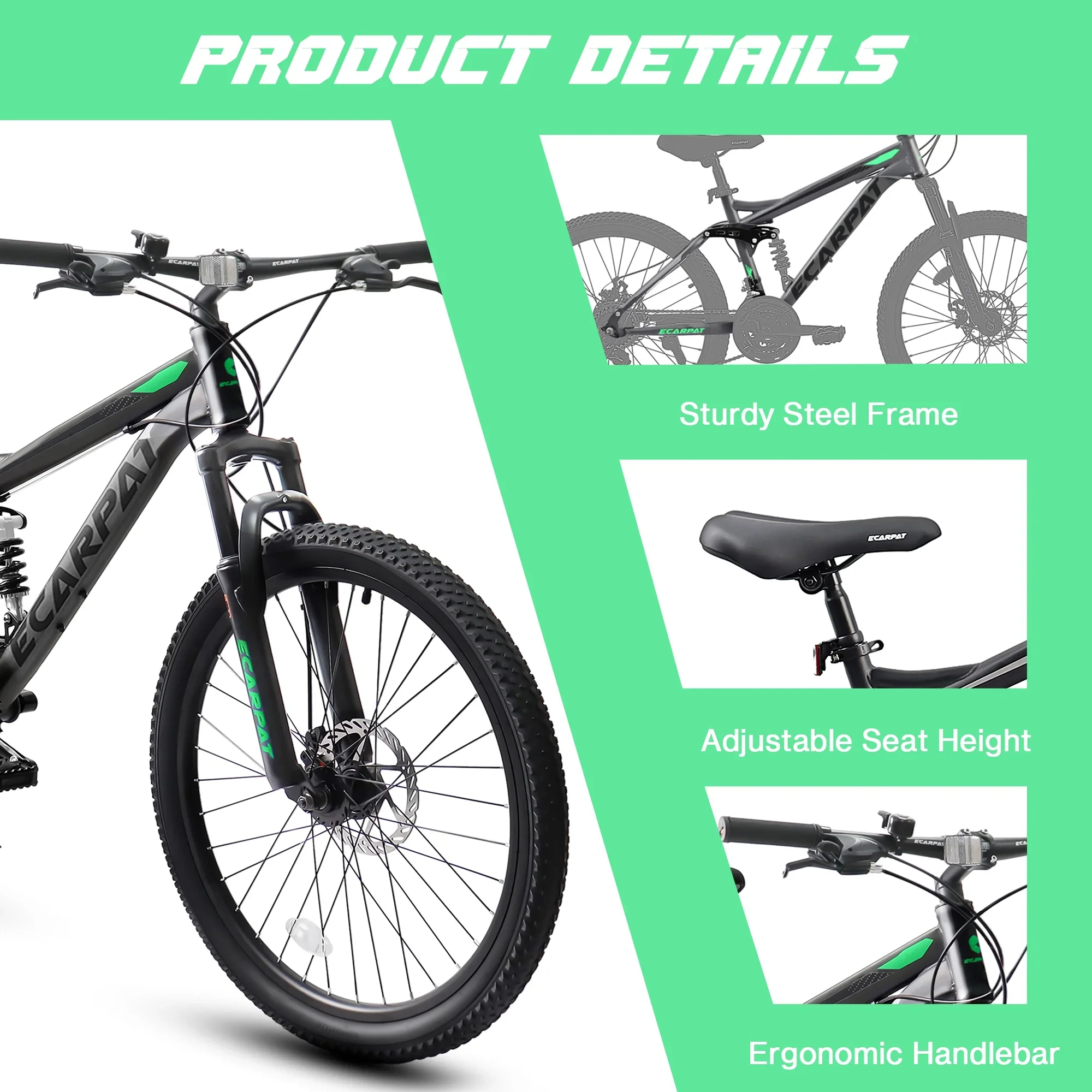 27.5 Inch Dual Full Suspension Mountain Bike, 21-Speed Mountain Bike with Dual Disc Brakes and Carbon Steel Frame, Trail Beach Snow Commuter City Bicycles for Adult Men Women, Black