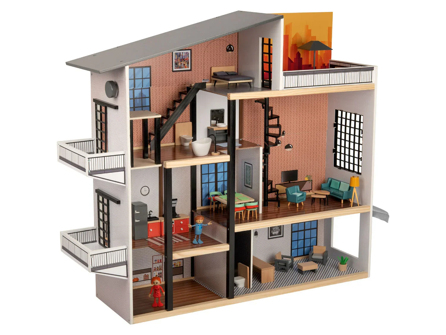 Playtive Maison de poupe XXL en bois, 54 pices