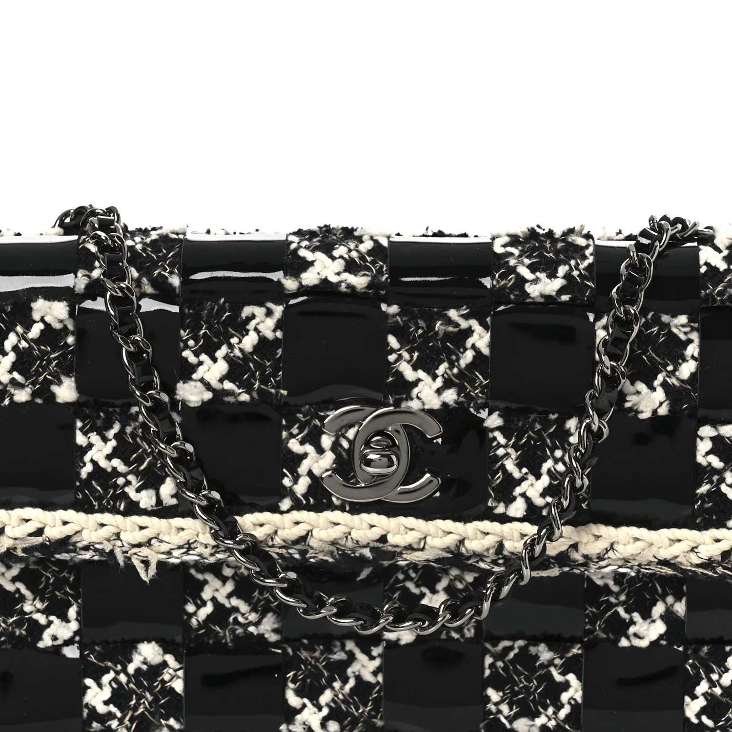 Tweed Patent Quilted Rectangular Flap Black White