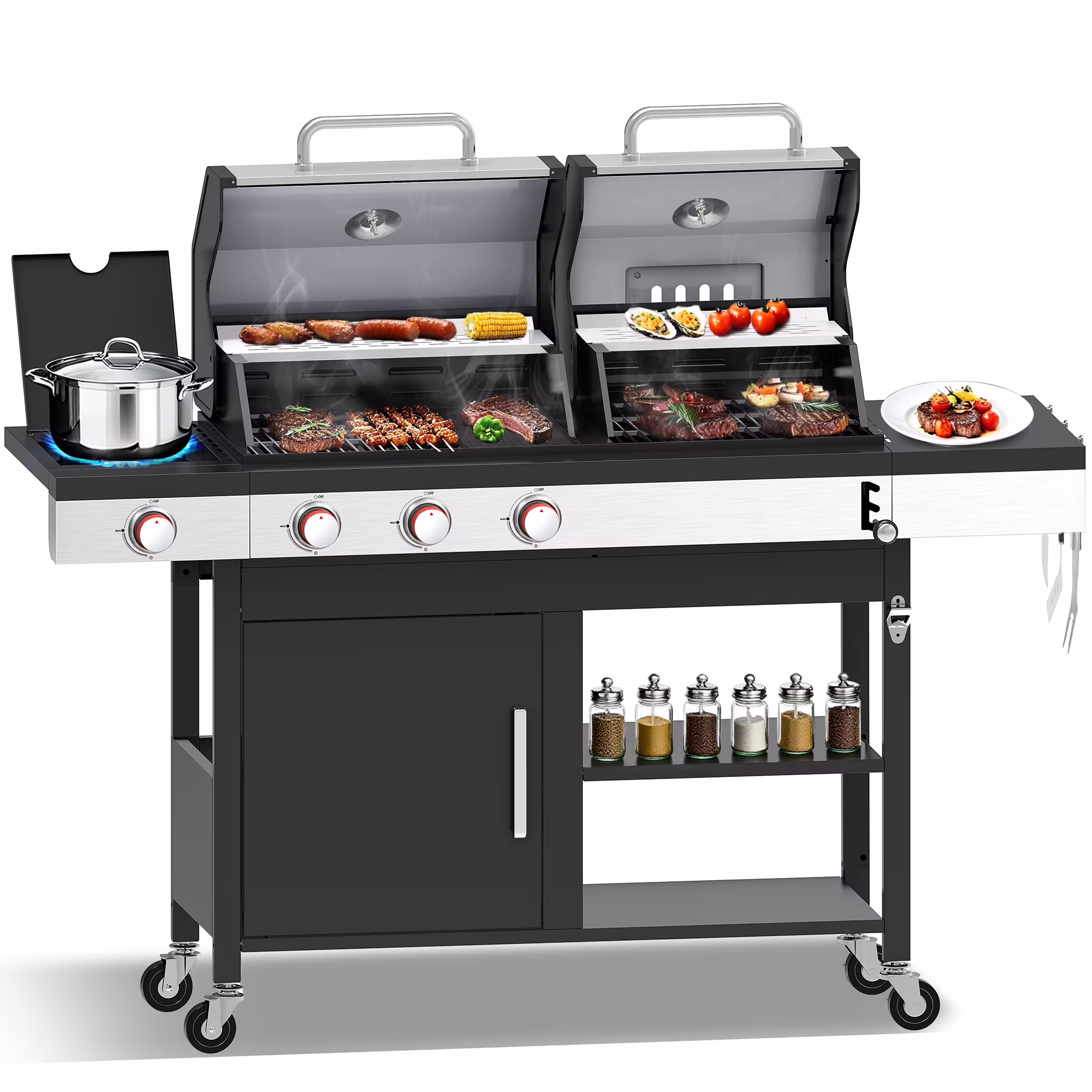 CIG GARDEN 3 Burner Propane Gas and Charcoal Grill Combo with Side Burner, Dual Fuel BBQ Grill with Dual Lids for Outdoor Barbecue, 41, 500 BTU Output Stainless Steel Burner Perfect for Outdoor Cooking