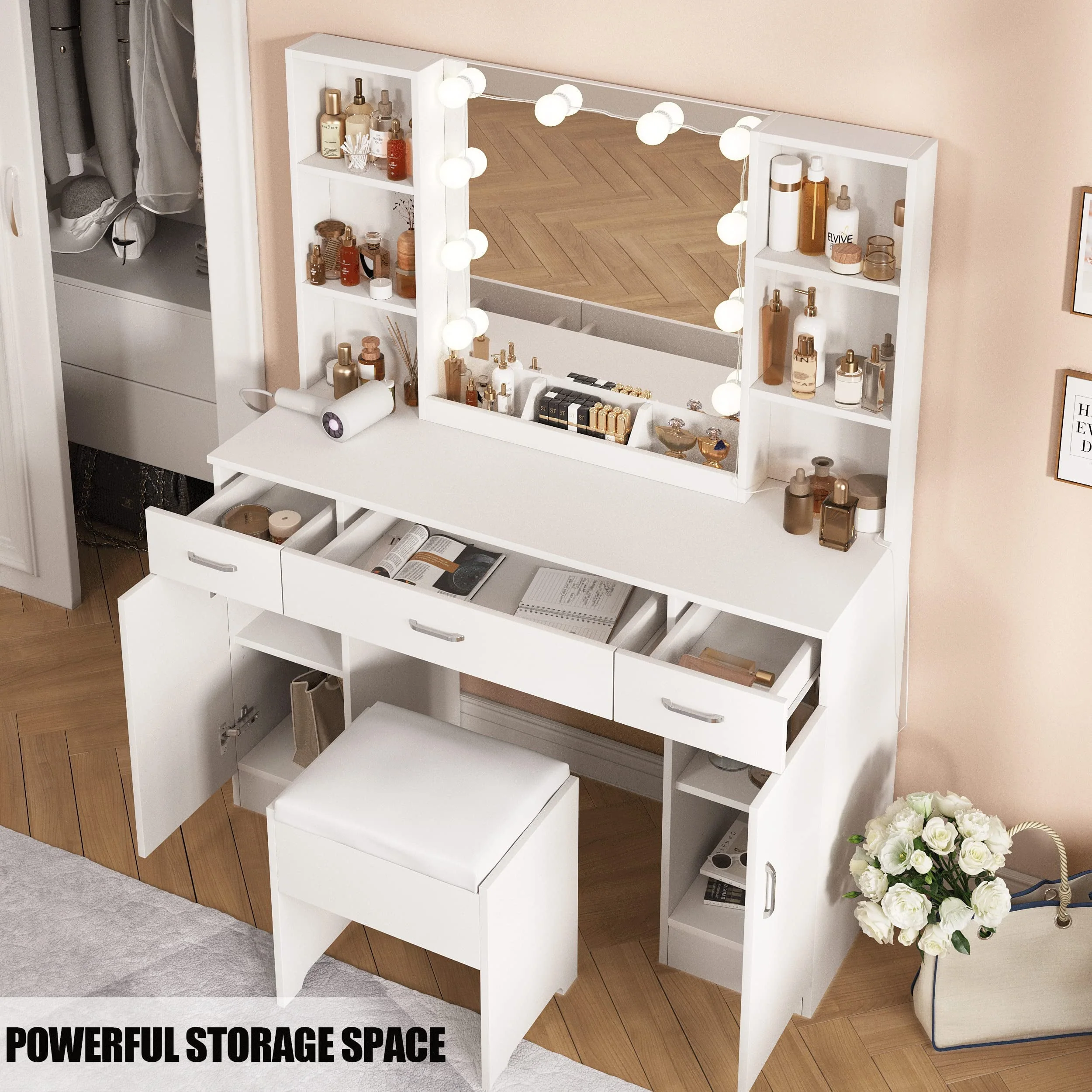 Large Makeup Vanity Set with Lights, White Bedroom Makeup Vanity Table with Storage, 3 Adjustable Lighting Colors, Modern, 45.2in(Black) - Image 5