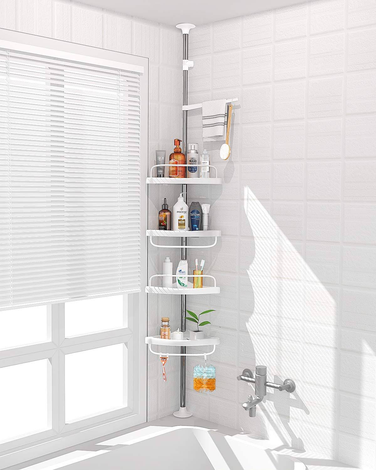Adovel 4 Layer Corner Shower Caddy, Adjustable Shower Shelf, Constant Tension Stainless Steel Pole Organizer, Rustproof 3.3 to 9.8ft