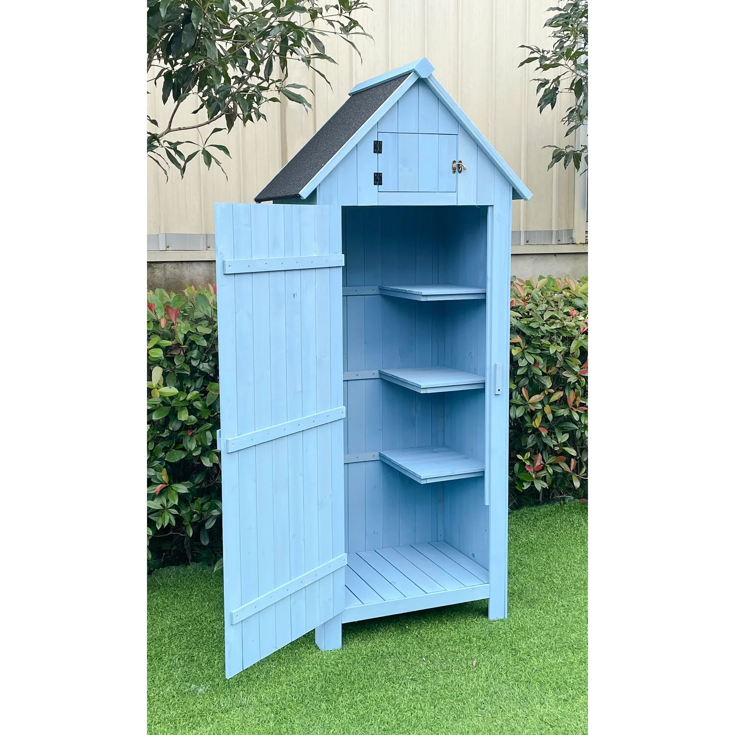Sturdy Durable Waterproof Wood Outdoor Vertical Storage Shed, 70.40"x 30.30"x21.30", Blue - Image 7