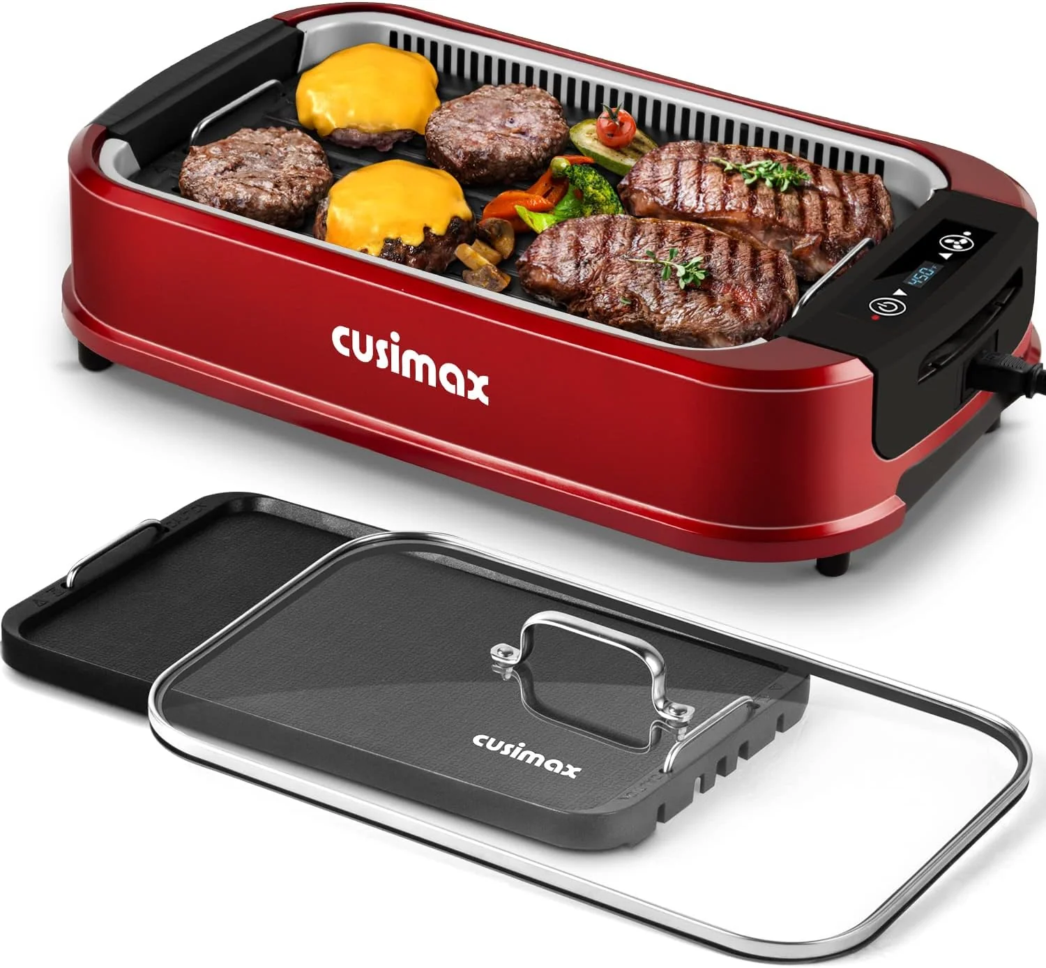 Gril d'intérieur CUSIMAX sans fumée, 1500 W, grill électrique coréen avec écran LED intelligent, couvercle en verre trempé, plaque de cuisson et plaque antiadhésives amovibles, noir.
