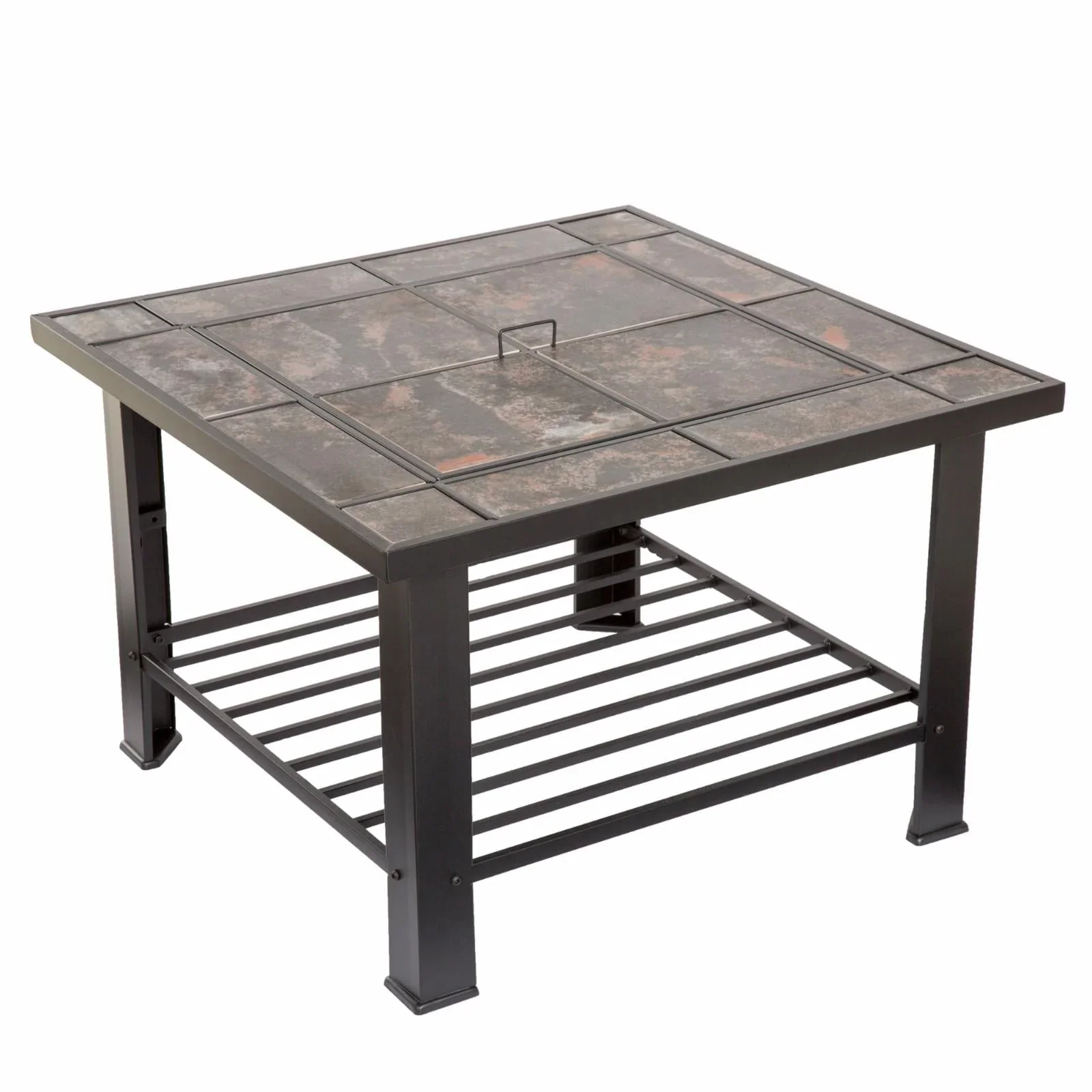 Fire Pit Table – 30-Inch Square Wood Burning Bonfire Pit with Marble Tile Edge, Spark Screen, Tile Fire Bowl Cover, Log Poker by Pure Garden (Black)