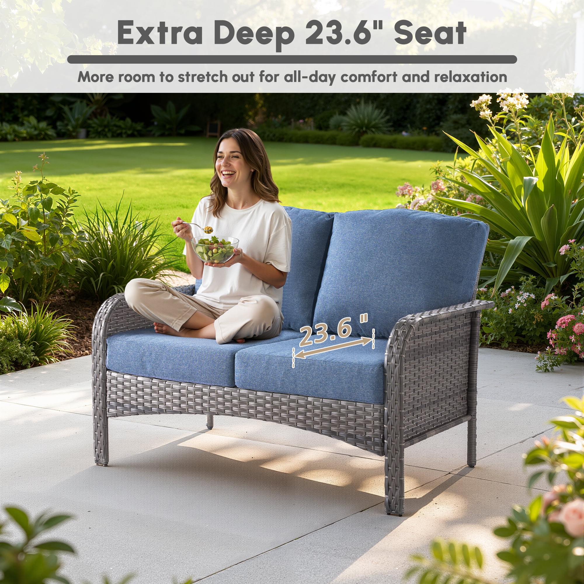 4 Pieces Wicker Outdoor Patio Furniture with Coffee Table High Back All Weather Rattan Outdoor Sectional Conversation Set for Backyard Porch Garden, Denim Blue(Denim Blue) - Image 8