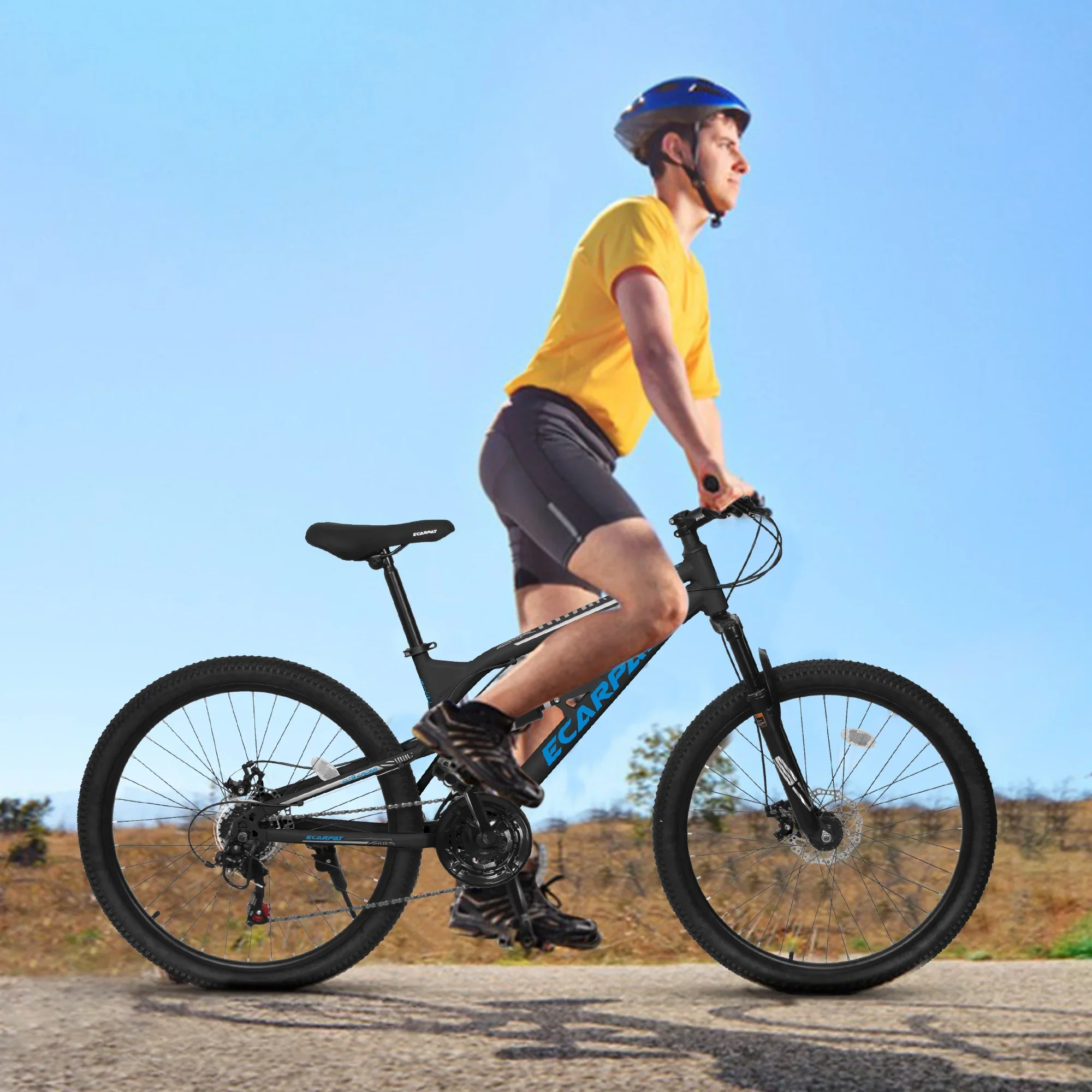 26 Inch Mountain Bike, Dual Full Suspension 21-Speed Disc Brakes Thumb Shifter, Carbon Steel Frame Mountain Bike, Mens Womens Trail Commuter City Bicycles