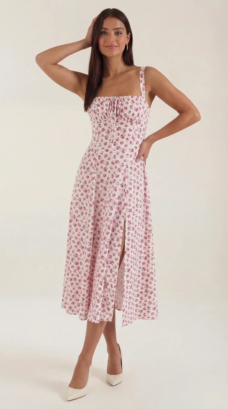 Robe midi fleurie pour femmes, idéale pour les invitées de mariage