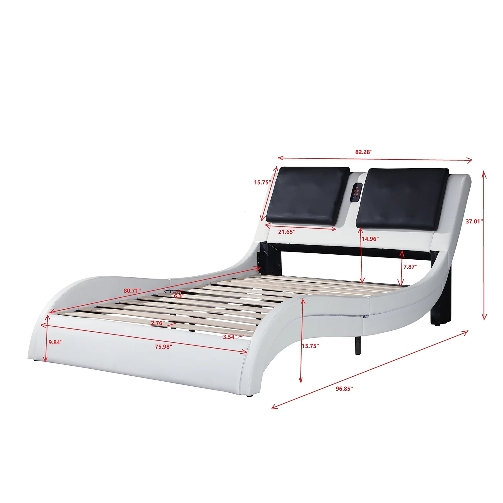 King Size Platform Bed Frame wth LED Light And USB Charging Ports Headboard, Wave-Like Curve Backrest Vibration Massage Upholstered Faux Leather Bed for Home(White1-1) - Image 6