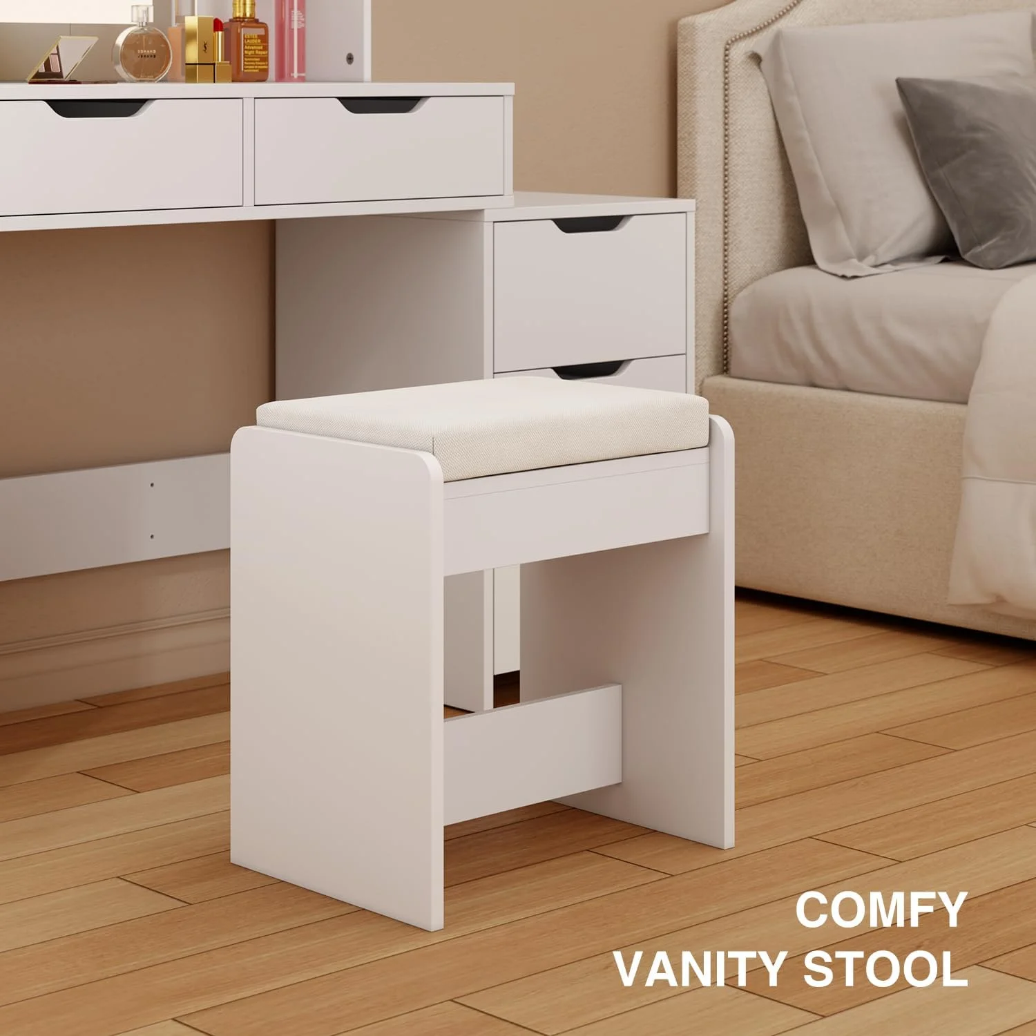 Makeup Vanity Desk with Mirror and Lights, 43.5 Vanity Table with 5 Drawers & Storage Shelves, White