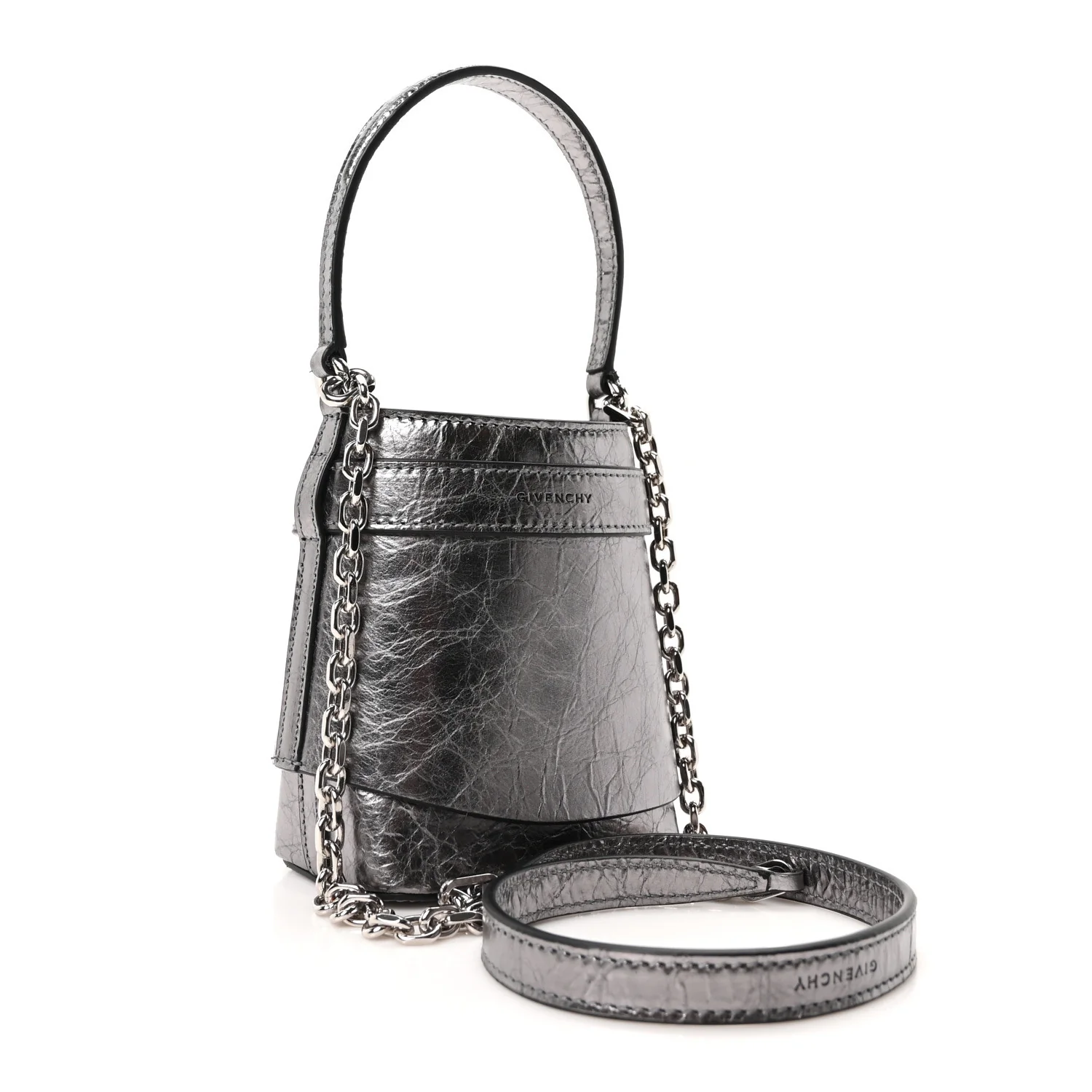 Laminated Lambskin Micro Shark Lock Bucket Bag Silvery Grey