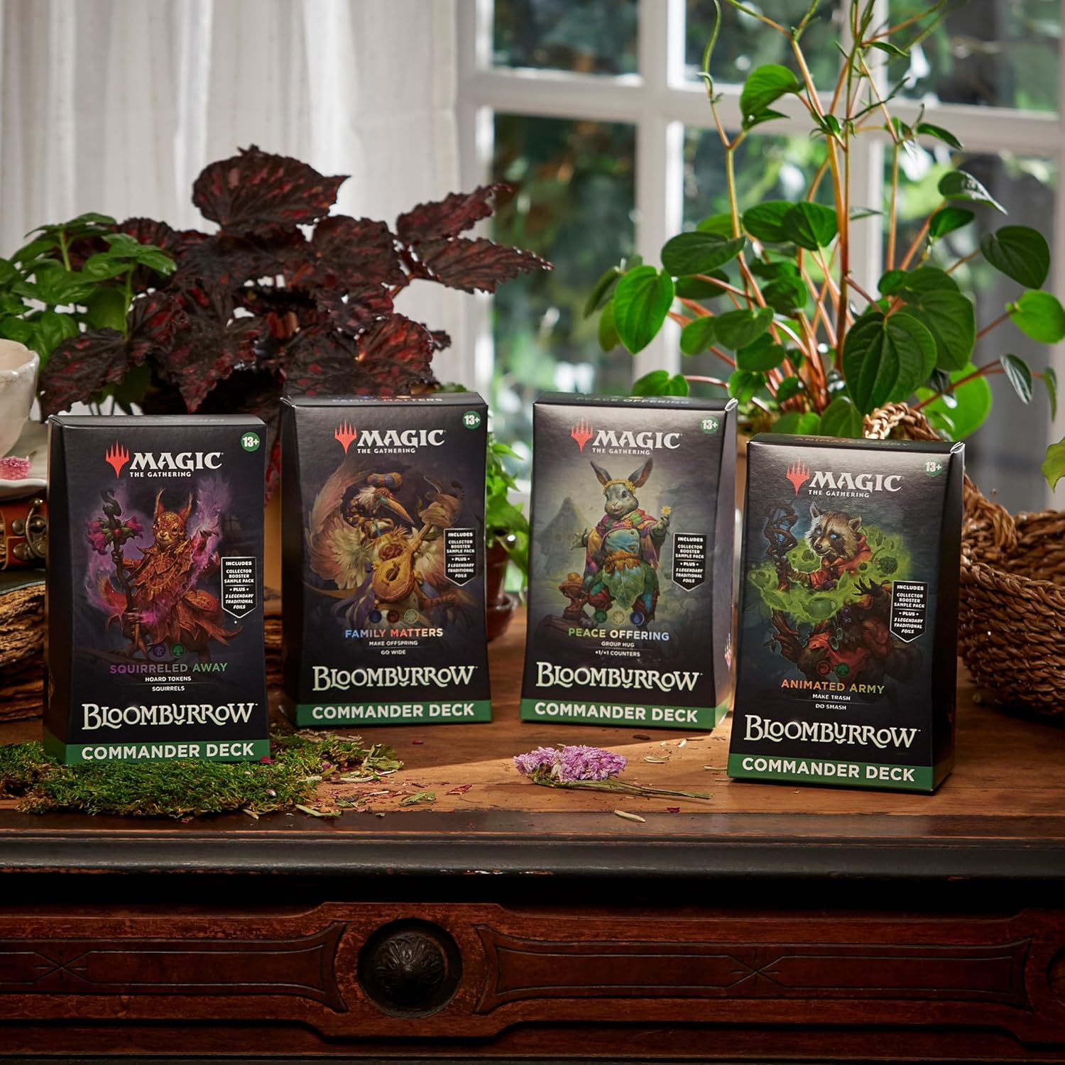 Pack Commander Bloomburrow Magic: The Gathering 2025 – Comprend les 4 decks (Animated Army, Family Matters, Peace Offering et Squirreled Away)