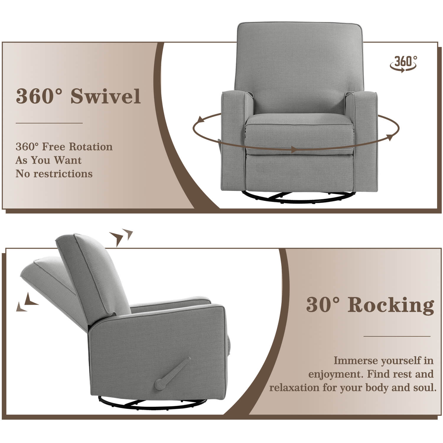 Fauteuil à bascule pivotant inclinable manuel, tissu gris