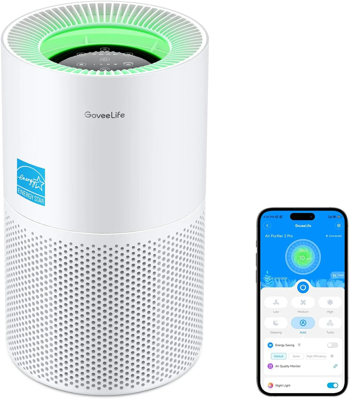 Purificateur d'air GoveeLife pour la maison, purificateur d'air intelligent pour grandes pièces avec application et contrôle Alexa, couvre jusqu'à 108 m², moniteur de qualité de l'air, purificateur d'air avec capteur PM2.5 pour poils d'animaux, polle