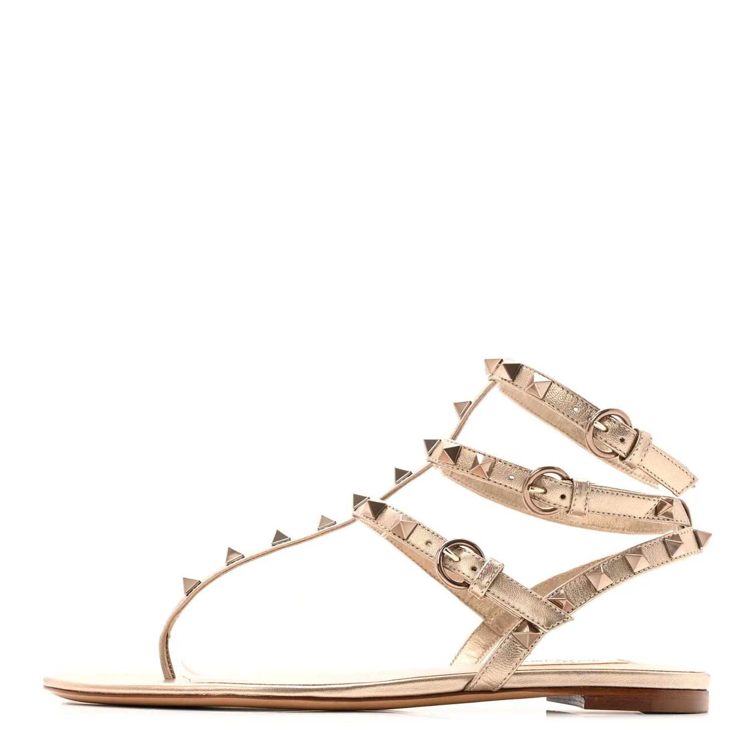 Nappa Rockstud Ankle Strap Flat Thong Sandals 38 Skin