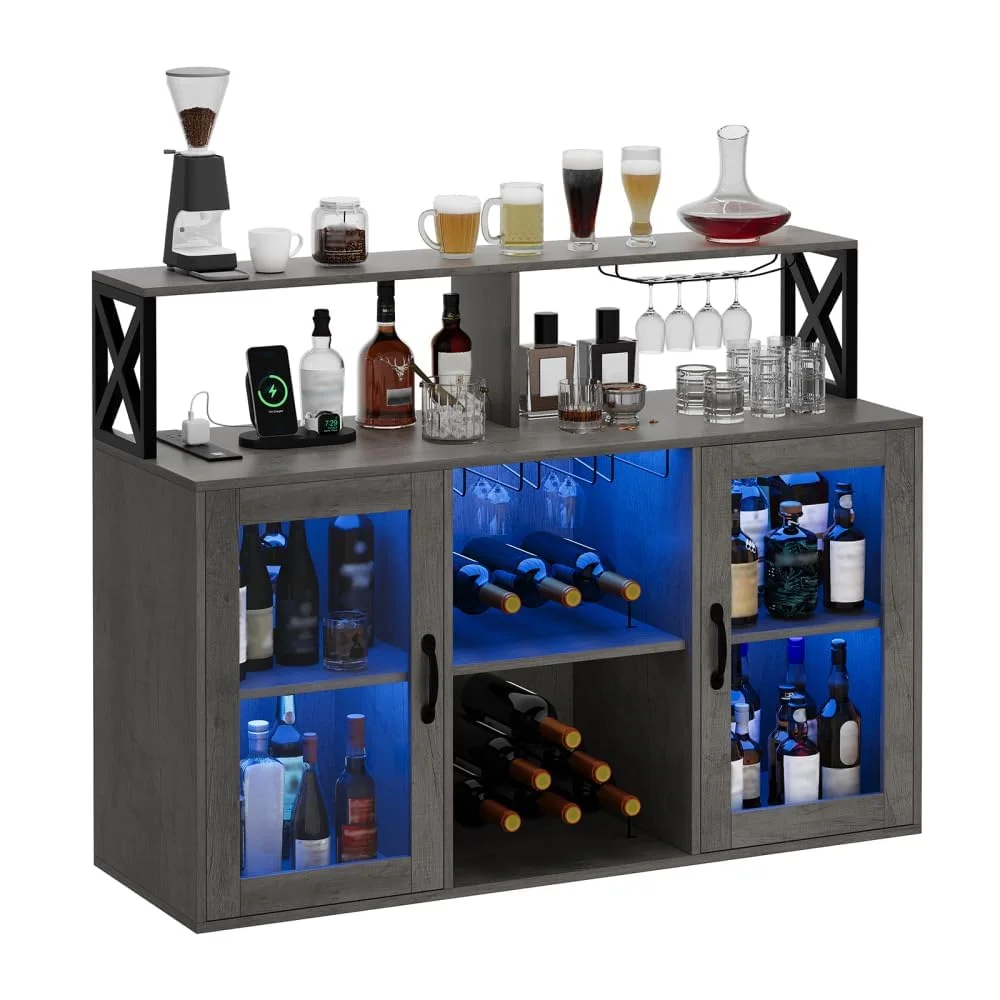 Bar Cabinet for Home, Wine Cabinet with Power Outlets, Led Lights and and Glass Holder, Liquor Cabinet with Storage, Racks for Home, Kitchen(Retro Gray) - Image 4