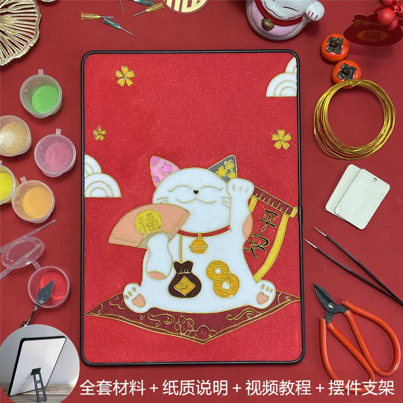 Fortune Cats,Beginner Cloisonné Enamel DIY Kit, with Tutorial& All Tools
