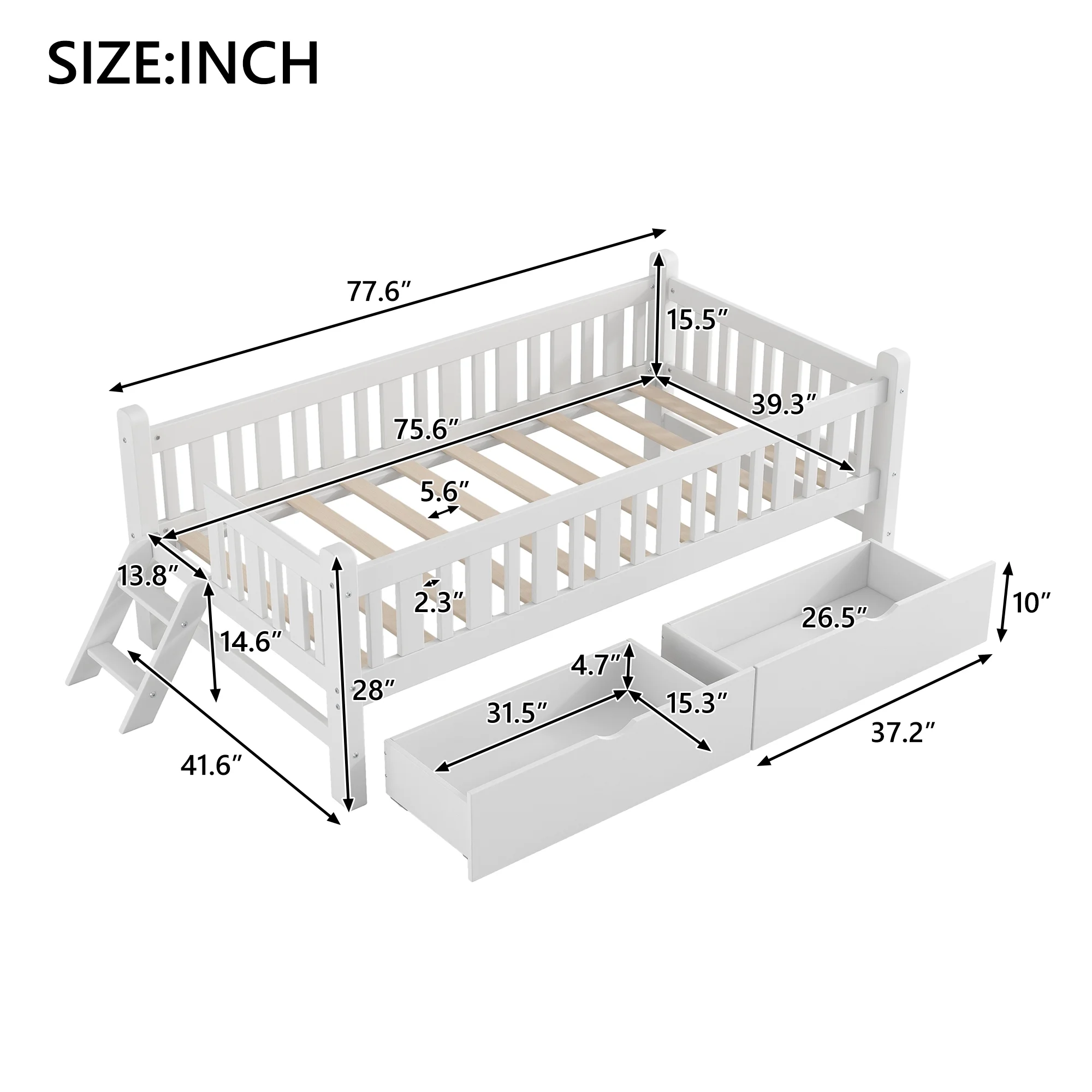 Wood Twin Size Platform Bed with 2 Drawers and Ladder for Kids and Toddlers, White(White) - Image 5
