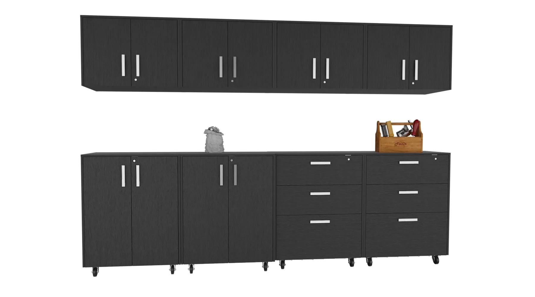 Burton 8 Piece Garage Set, 4 Storage Wall Cabinets + 2 Storage Cabinets + 2 Storage Drawer Cabinets, Black