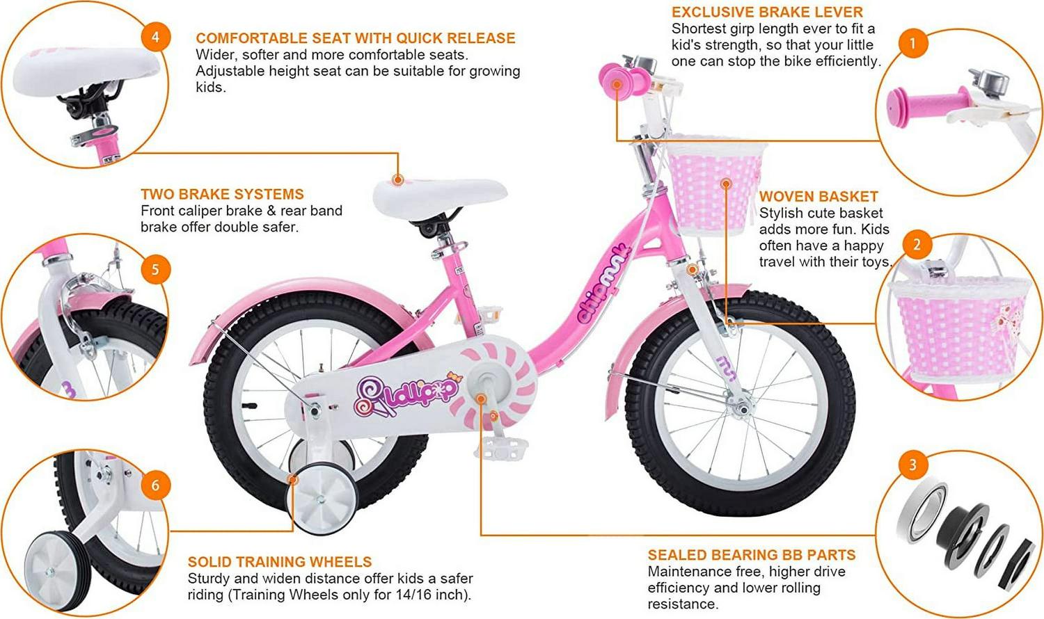 Royalbaby Chipmunk Girls Kids Bike Bicycle with Basket Training Wheels 14 in Lollipop Pink