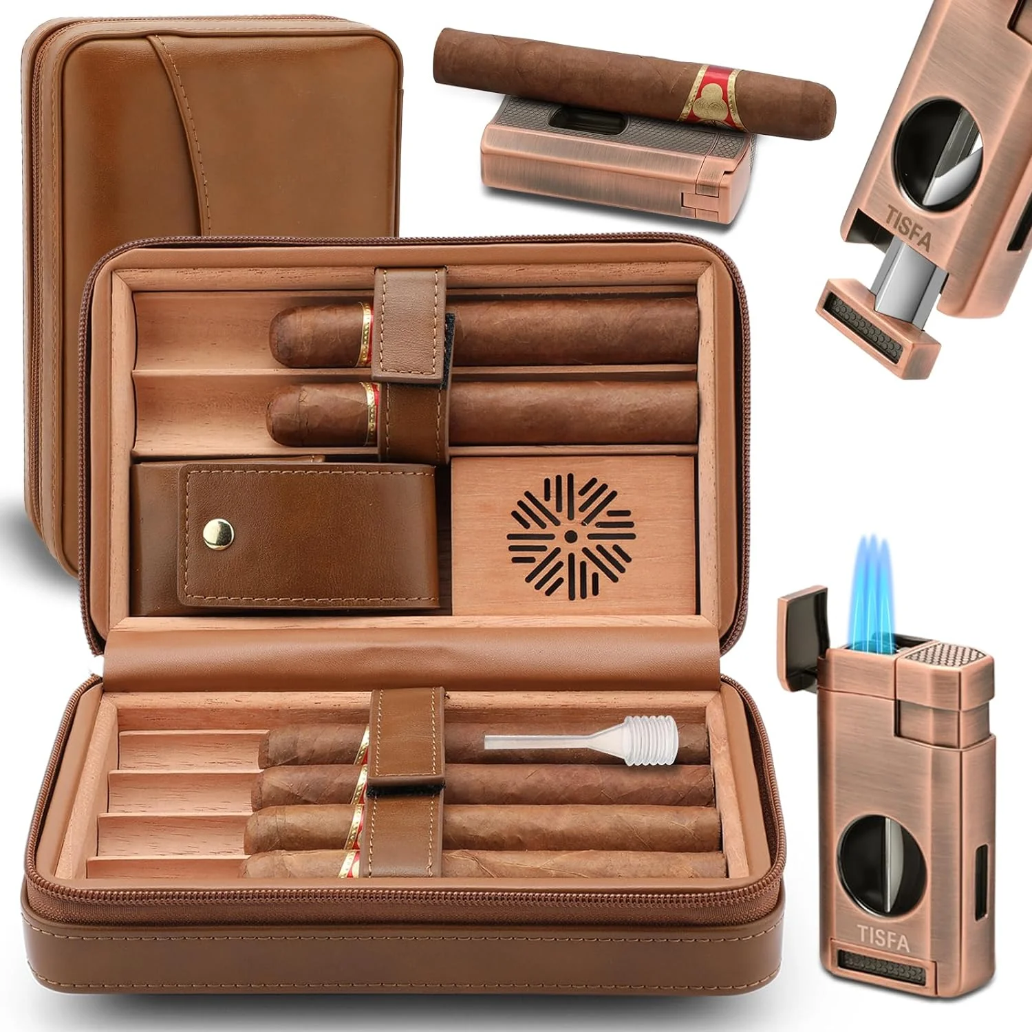 Cigar Humidor, Leather Cedar Wood Cigar Case with Cigar Lighter, V Cut Cigar Cutter, Cigar Holder 3 in 1, Portable Travel Cigar Humidor Box with Humidifier (Black)