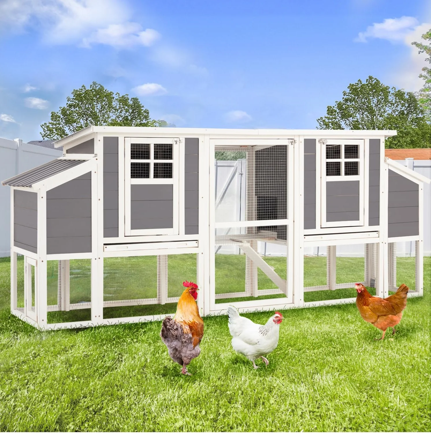 AECOJOY 98'' Extra Large Chicken Coop with Run, Wood Chicken House with 4 Nesting Boxes for 6-8 Chickens