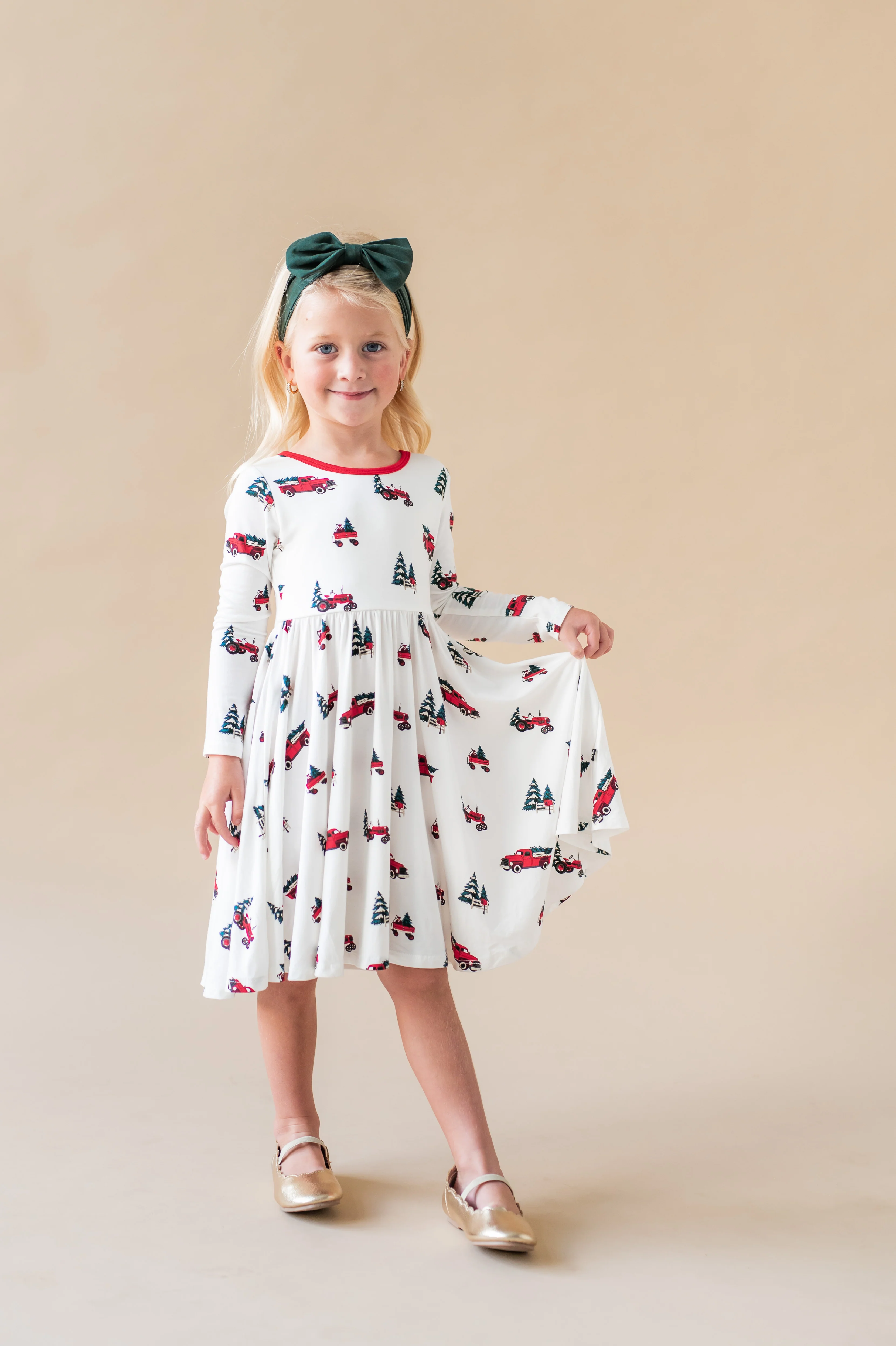 Long Sleeve Twirl Dress in Holiday Tree Farm