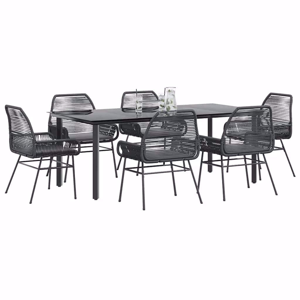 Vidaxl 7 Piece Patio Dining Set with Cushions Black Poly Rattan Glass