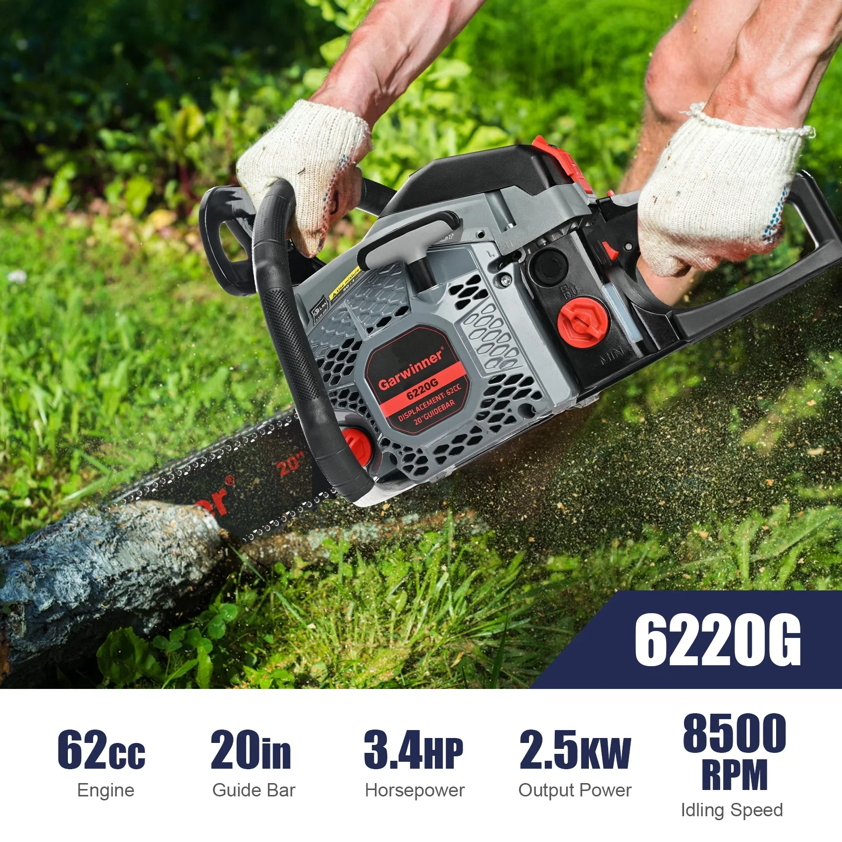 Garwinner Gas Powered Chainsaw 20 in. 6220G 62CC 2-Stroke Chain Saw for Farm/Garden/Ranch