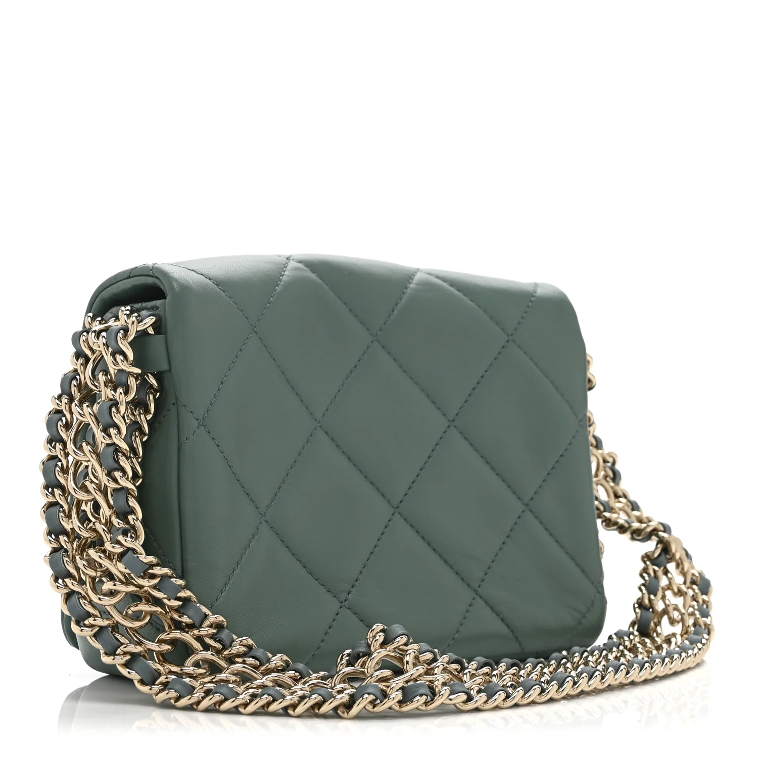 Lambskin Quilted Mini Chain Rows Flap  Green