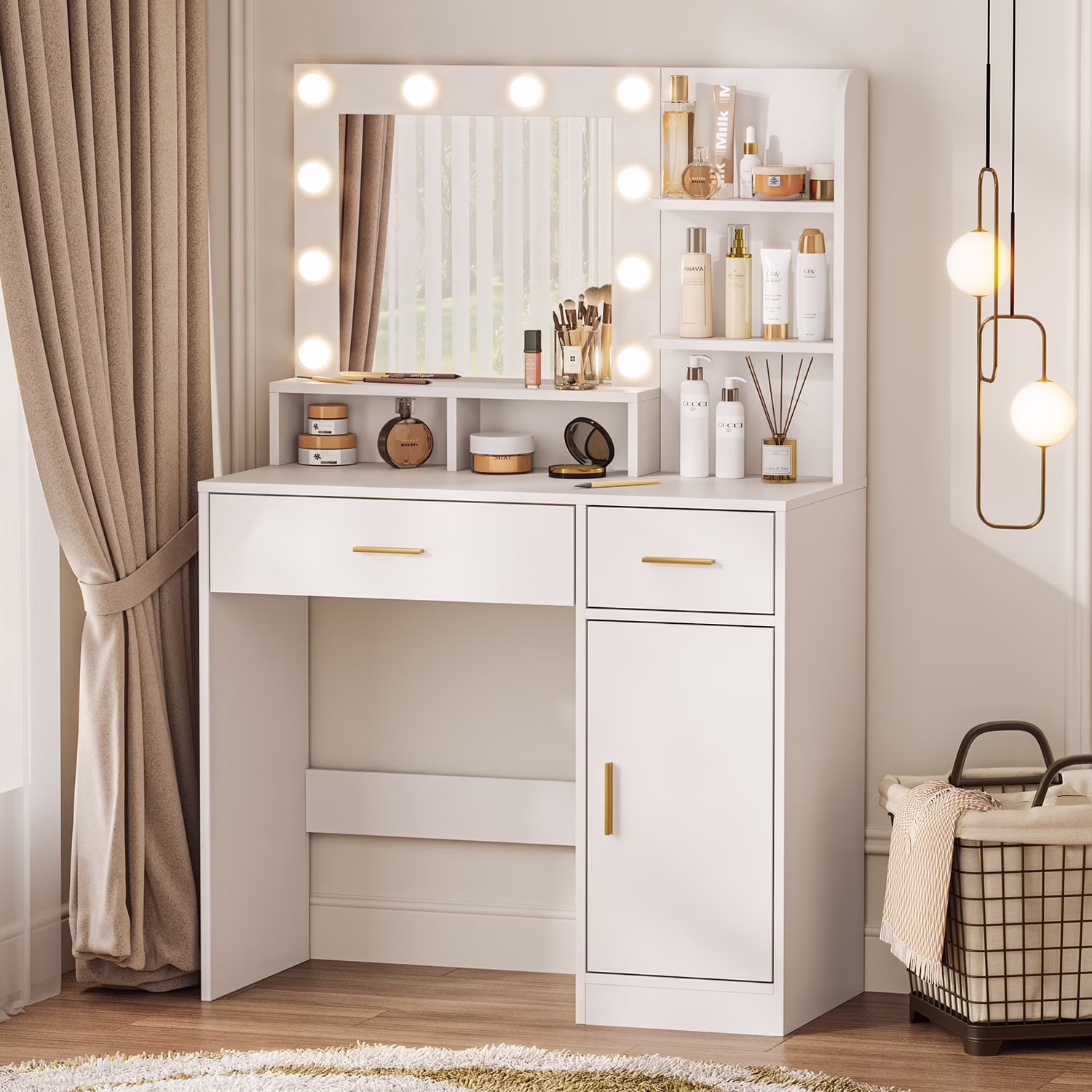 Makeup Vanity Desk with 3 Color Light Mirror, Vanity Table with 4 Drawers, Storage Shelf, Power Outlet, Adjustable Brightness Dressing Table, White(White 2) - Image 5