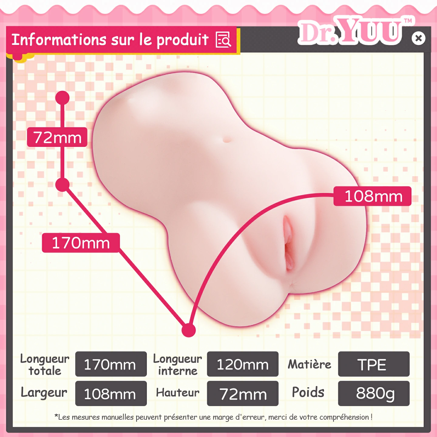 Dr.YUU masturbateur waifu 880g, vue complète du jouet otaku chauffant.