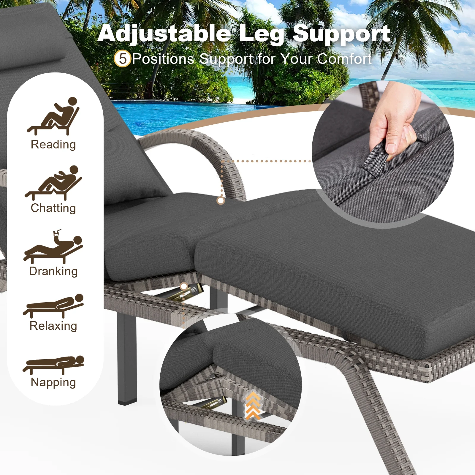 4-Piece Outdoor Lounge Chairs, Pool Chairs with Adjustable 5 Position Backrest, PE Rattan Chaise for Backyard Porch Deck (Gray)(4/Gray) - Image 4