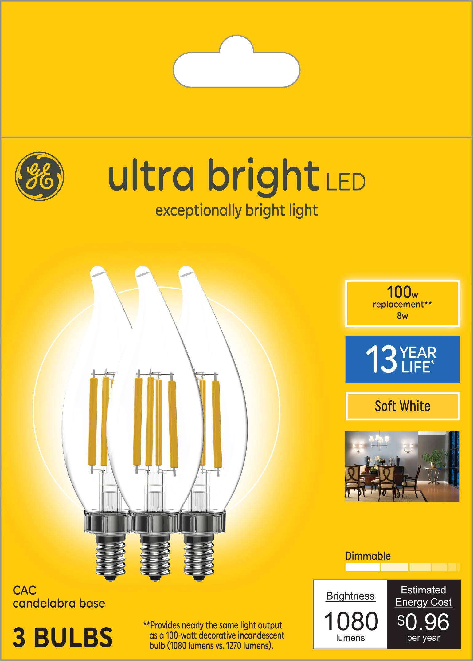 GE Ultra Bright LED Light Bulbs, 100 Watt, Soft White, CA12 Small Base, Clear Finish, 3pk
