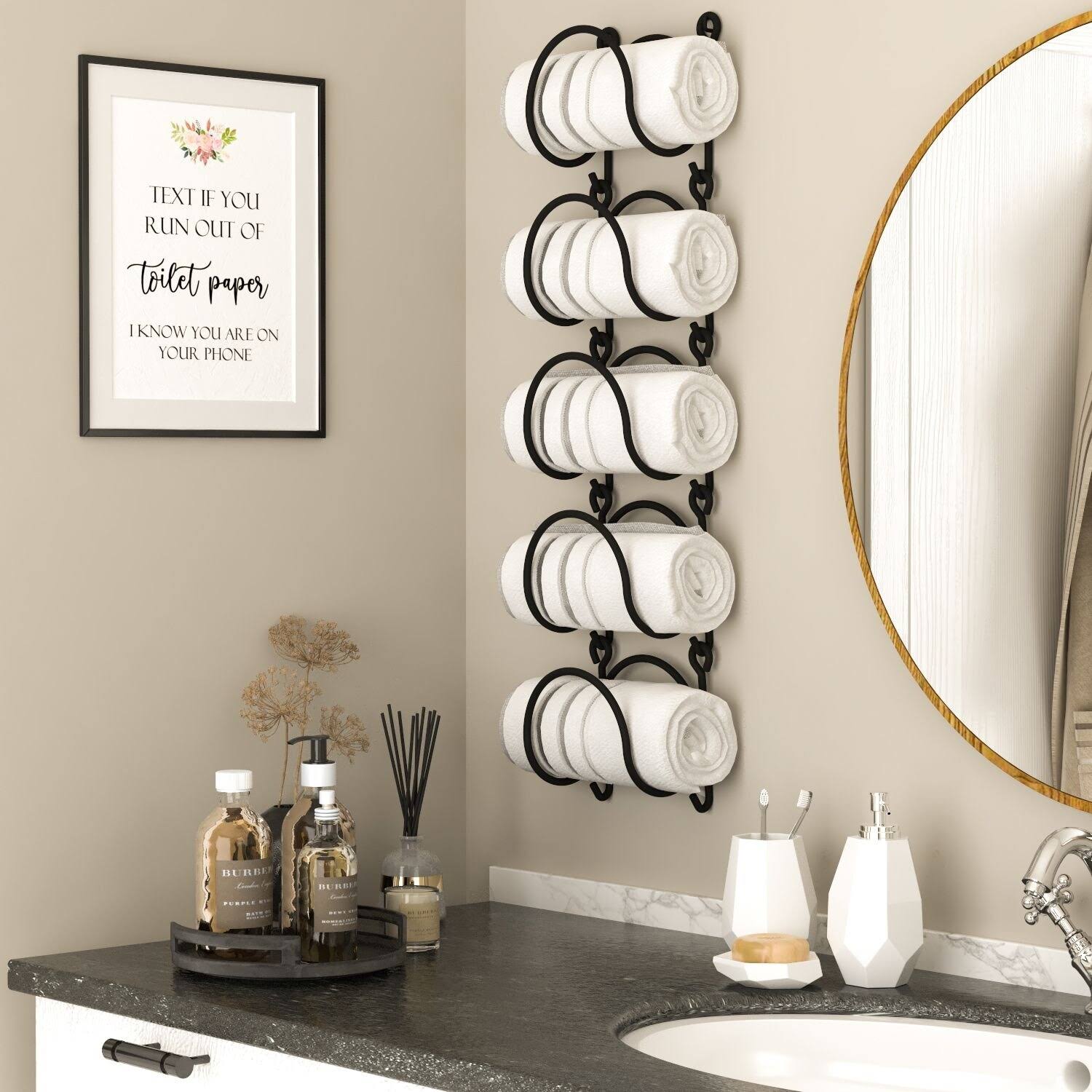 Wallniture Moduwine Wall Mount Rustic Home D��cor Towel Rack Wrought Iron Metal Bathroom Organizer Curved Finish Black Set of 5
