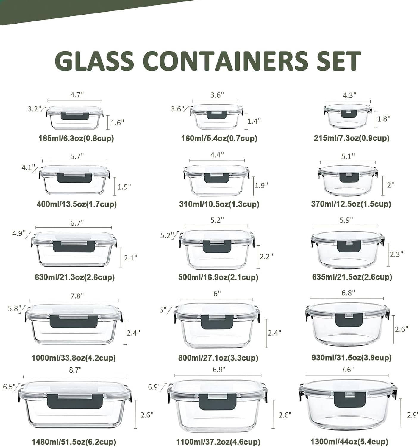 KOMUEE 30 Pieces Glass Food Storage Containers Set with Lids, Gray